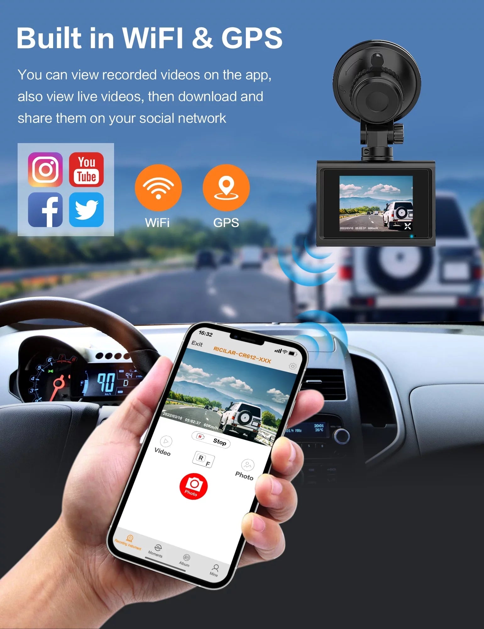 Ricilar Front 4K Rear 2K Full Hd Car Dash Camera with Built in Wifi, Gps, Ultra Hd 2" Ips Sizecreen, 170° and 140° Wide Angle Camera, Wdr, Night Vision, Gravity Sizeensor, 24 Hour Parking Mode