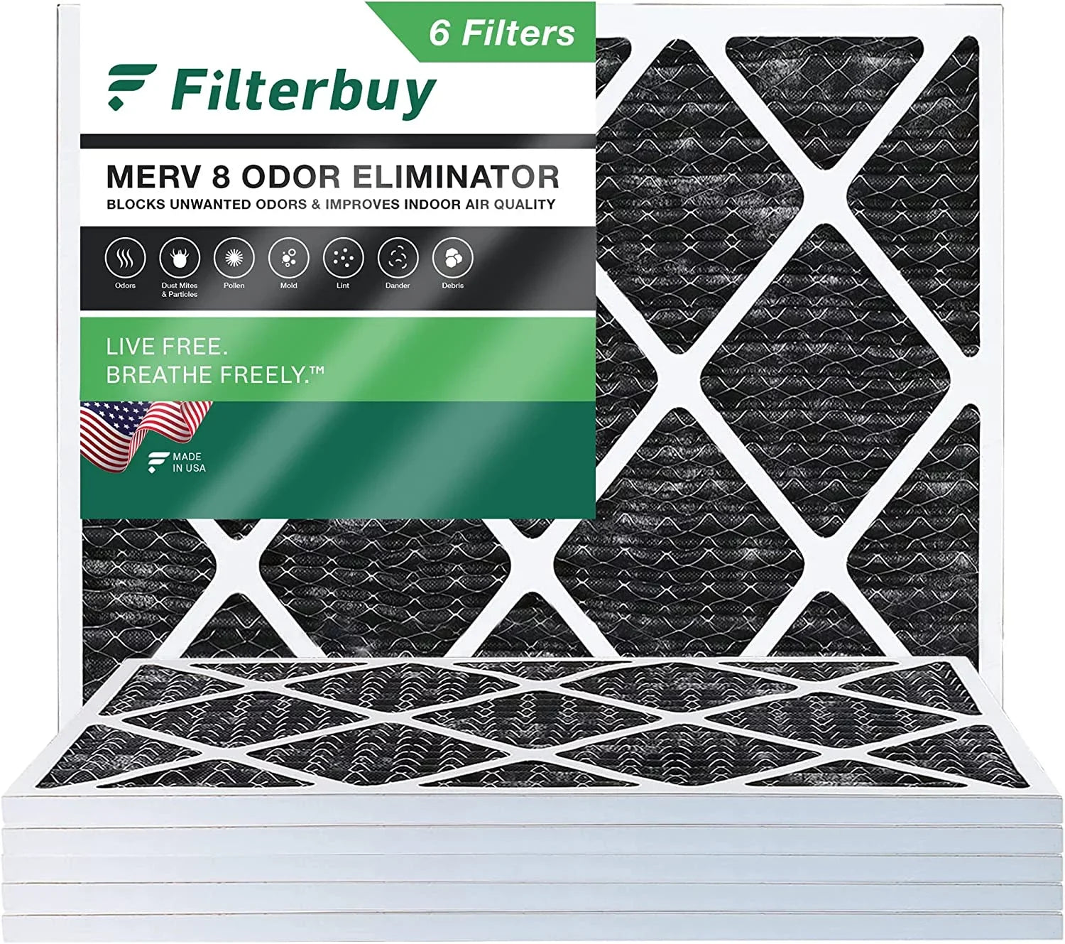Filterbuy 24x25x1 MERV 8 Odor Eliminator Pleated HVAC AC Furnace Air Filters with Activated Carbon (6-Pack)