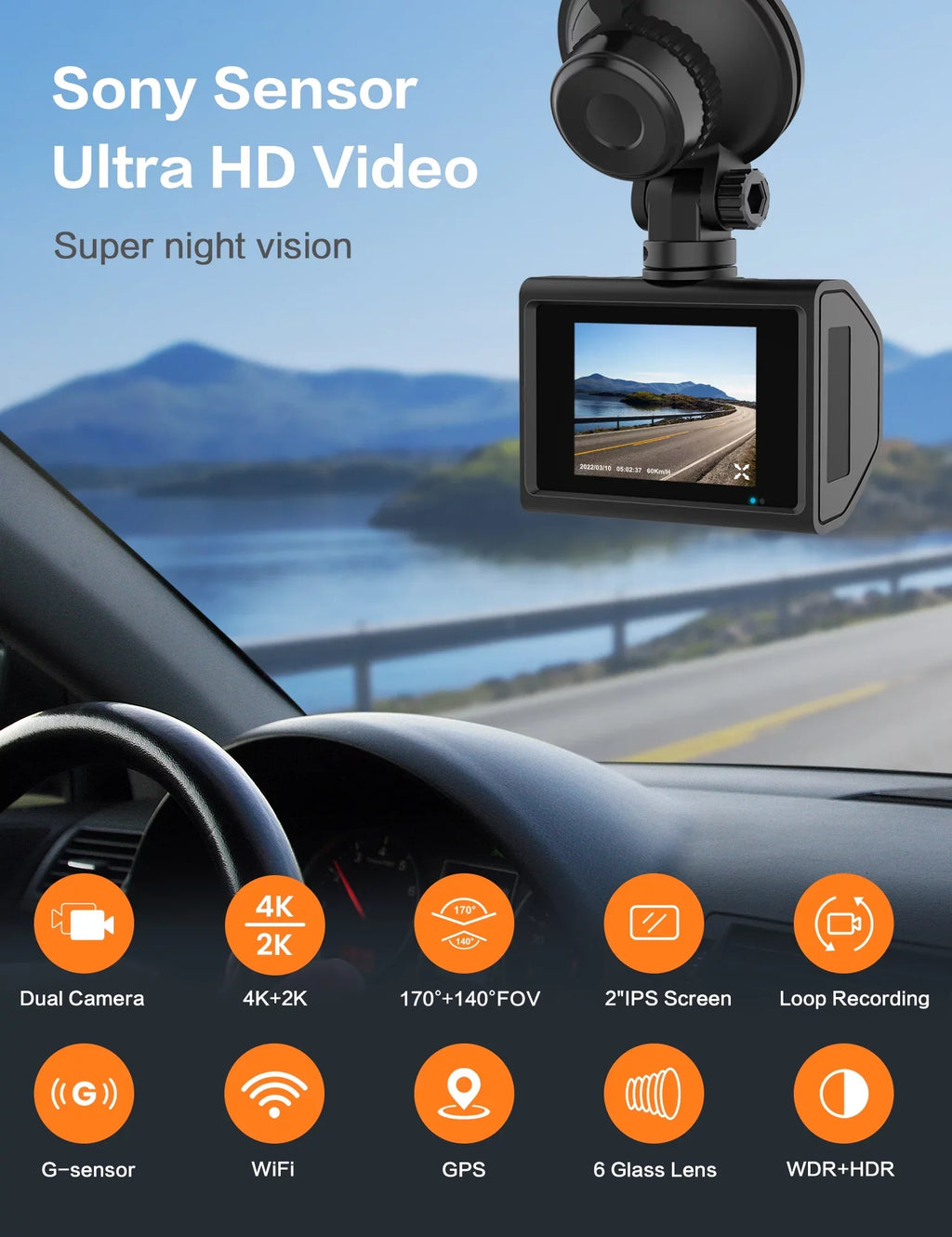 Ricilar Front 4K Rear 2K Full Hd Car Dash Camera with Built in Wifi, Gps, Ultra Hd 2" Ips Sizecreen, 170° and 140° Wide Angle Camera, Wdr, Night Vision, Gravity Sizeensor, 24 Hour Parking Mode