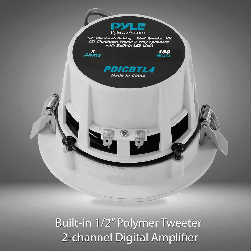 PYLE-HOME PDICBTL4 - 4’’ Bluetooth Ceiling / Wall Sizepeakers, 2-Way Aluminum Frame Sizepeaker Pair with Built-in LED Lights