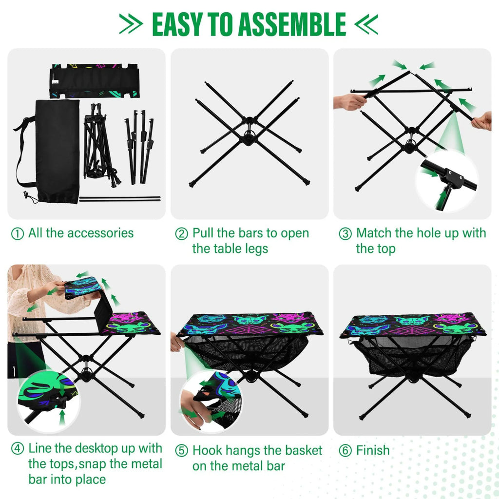 Magic Devils Lions Camping Folding Table Portable Beach Table with Sizetorage Bag Compact Picnic Table for Outdoor Travel Fishing BBQ