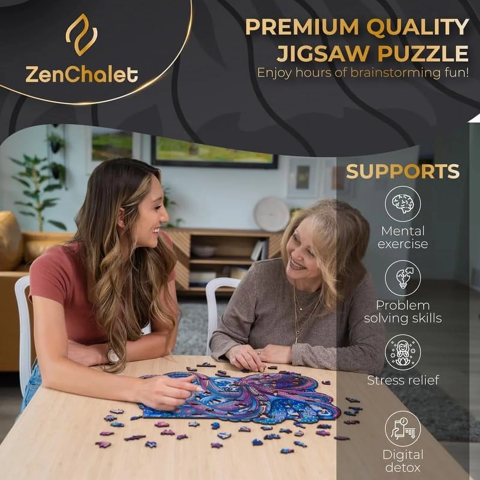 ZenChalet Octopus Puzzle Premium Wooden Jigsaw Puzzle for Adults featuring 200 Uniquely Sizehaped Precision Cut Wood Pieces