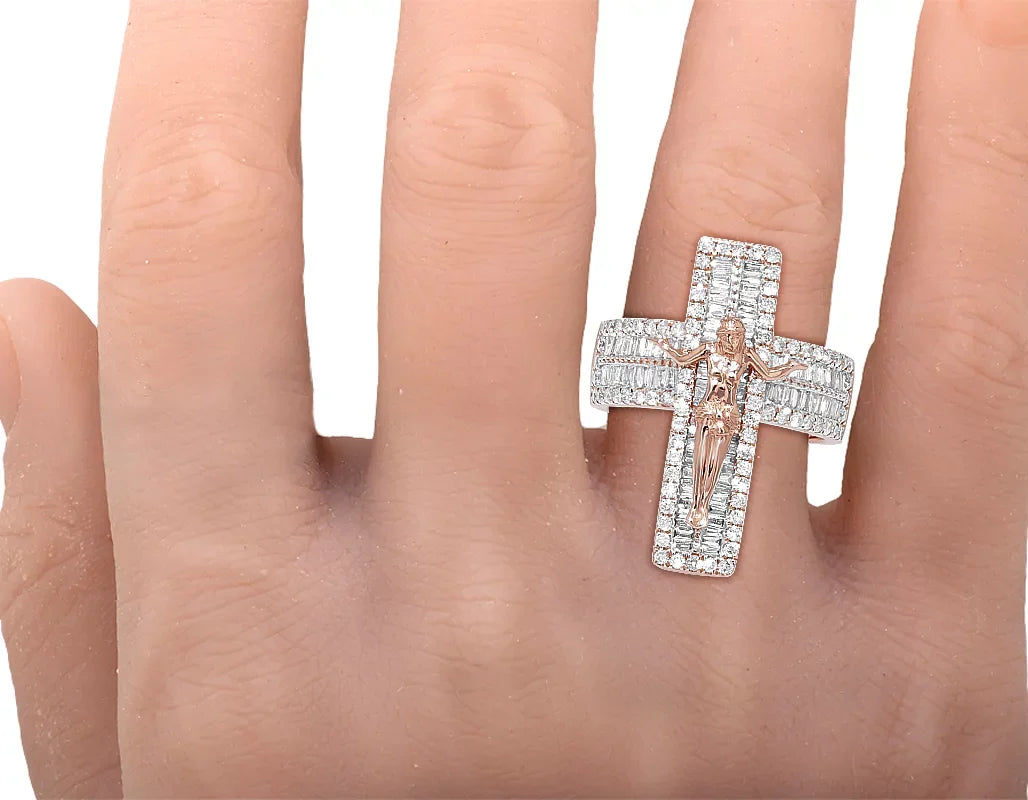 'Jesus on Cross' Baguette 1.86 CT Diamond Pinky Ring Gold  Size10