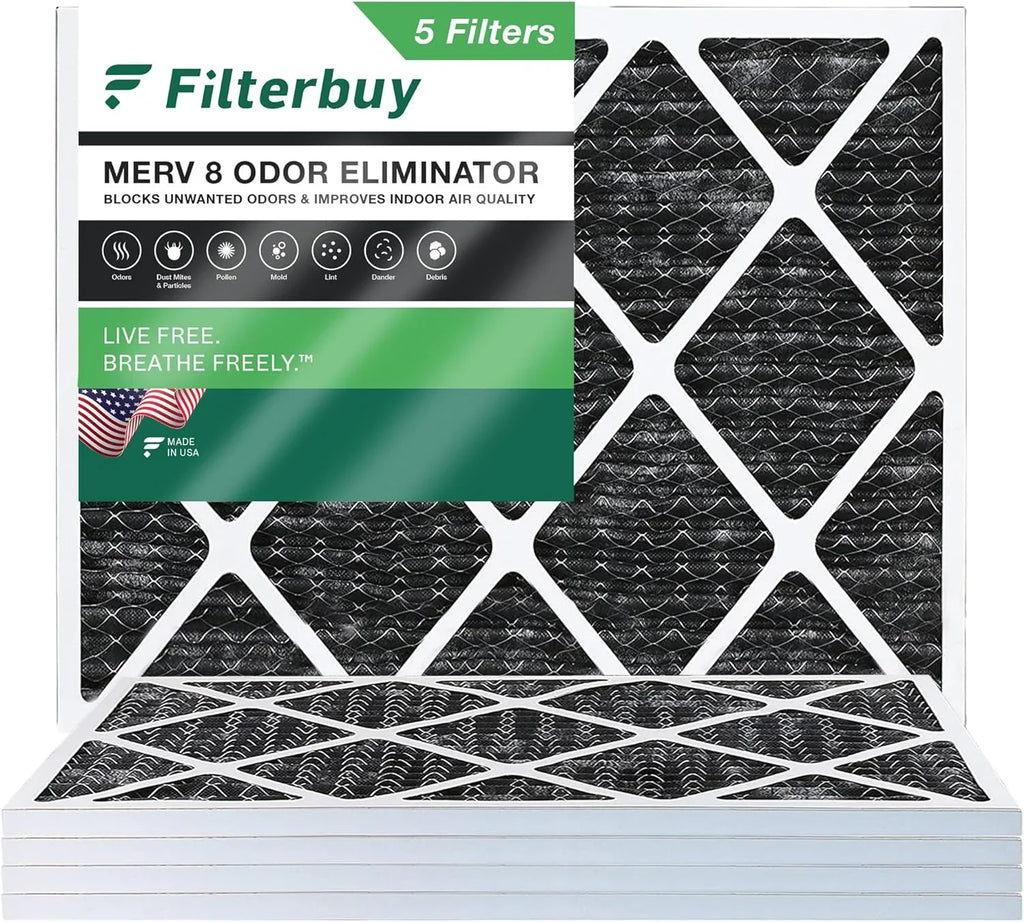 Filterbuy 24x25x1 MERV 8 Odor Eliminator Pleated HVAC AC Furnace Air Filters with Activated Carbon (5-Pack)