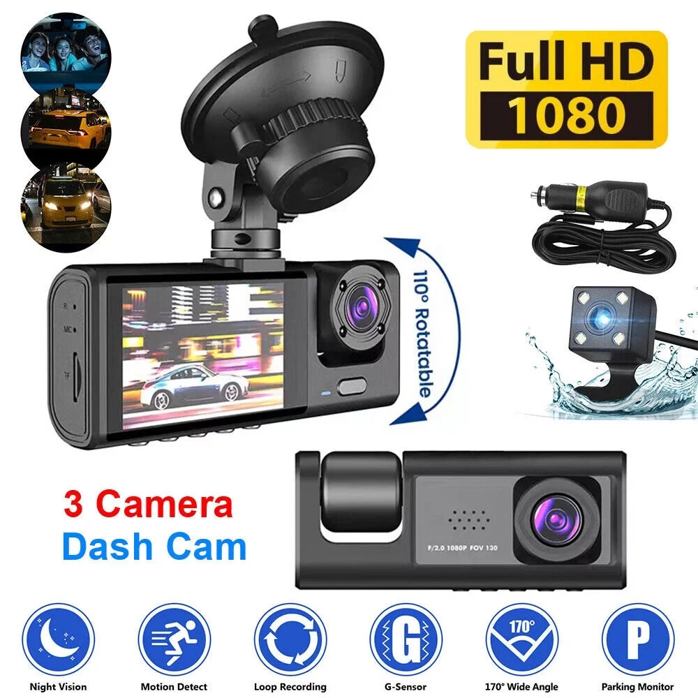 Kqiang HD 1080P Car Dual Lens Dash Cam Front/Rear/Inside Video Recorder Camera G-sensor