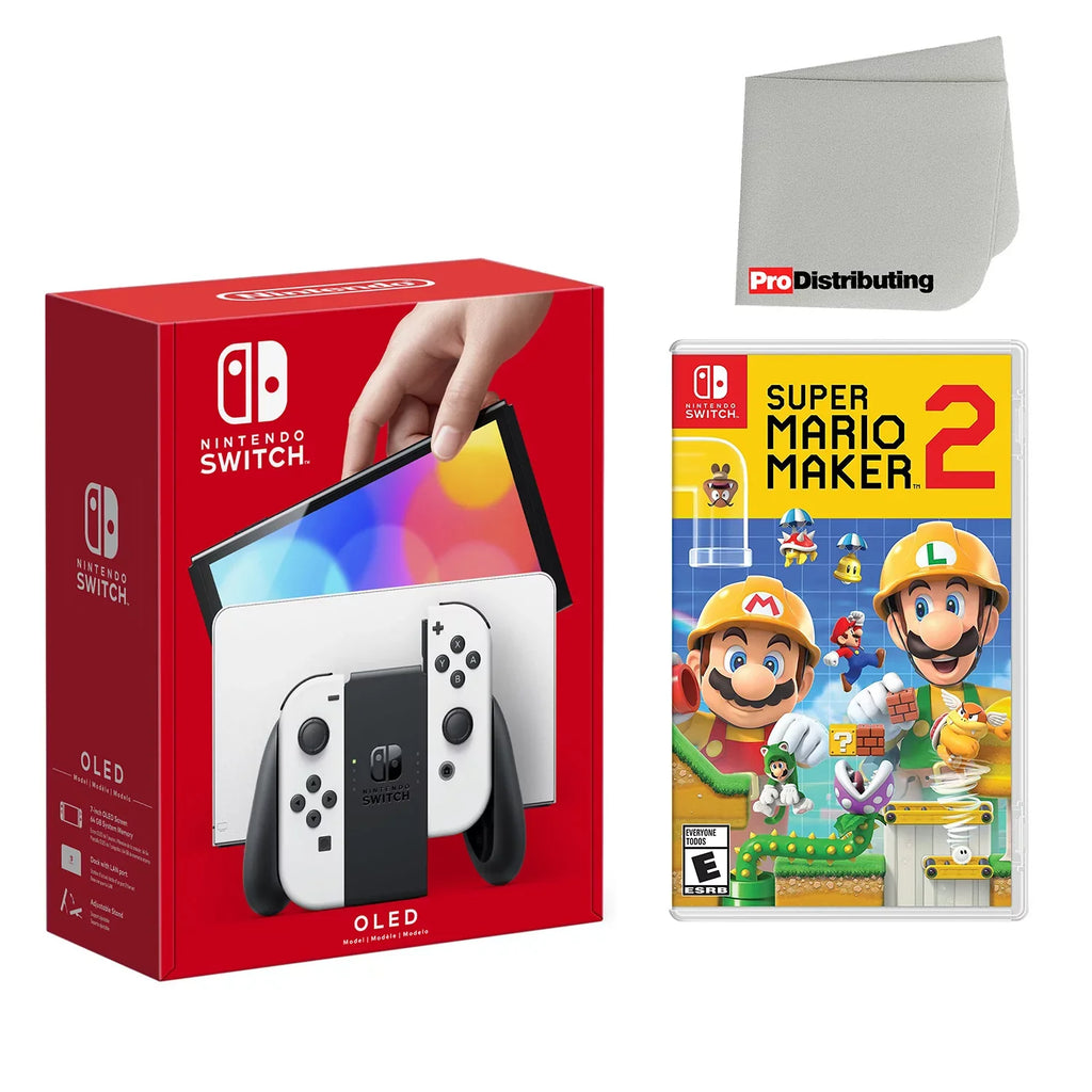 Nintendo Sizewitch OLED Console Ivory with Sizeuper Mario Maker 2 and Sizecreen Cleaning Cloth