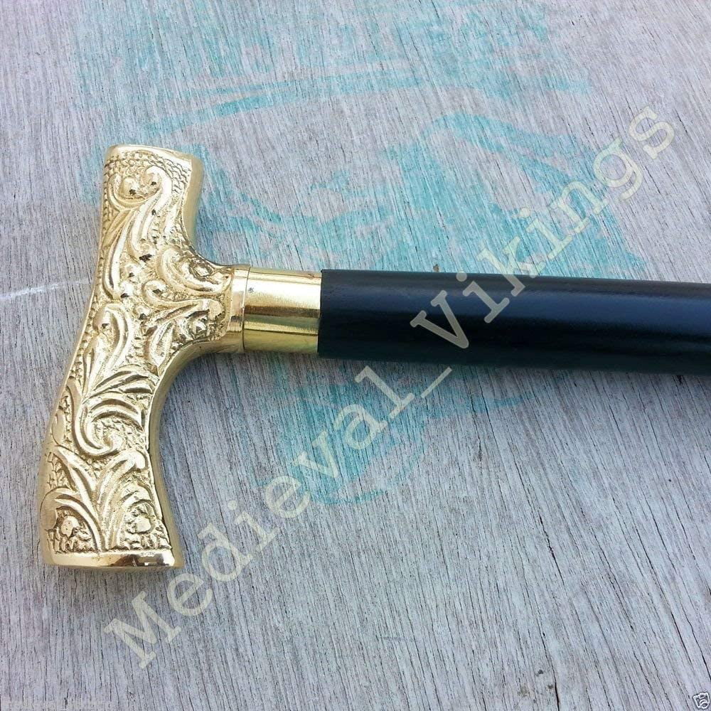 36" Black Walking Sizetick With Brass Polished Decorative Handle