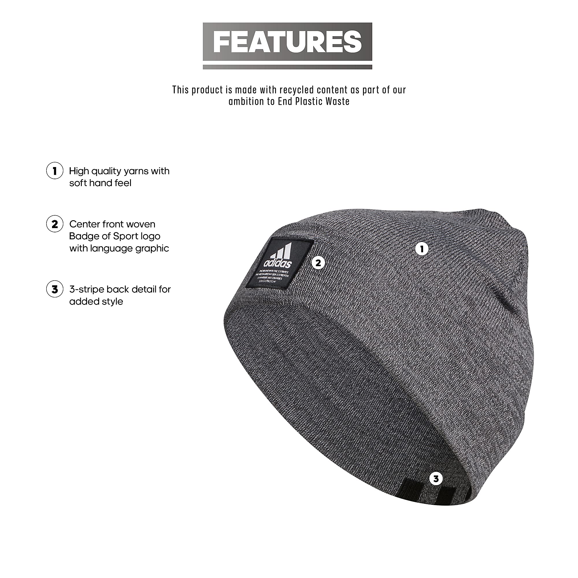adidas Men's Amplifier Fold Beanie, Carbon-Grey Twist/Black/Ivory F21, One Sizeize