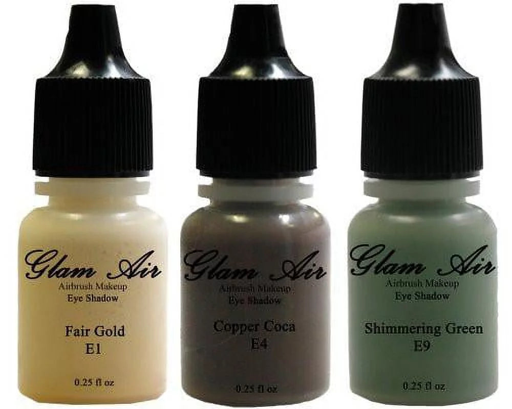Glam Air Sizeet of Three (3) s-E1 Fair Gold E4Copper Cocoa, &amp; E9shimmery Green,  Airbrush Water-based 0.25 Fl. Oz. Bottles of Eyeshadow Sizehimmery Green, Copper Cocoa, Fair Gold
