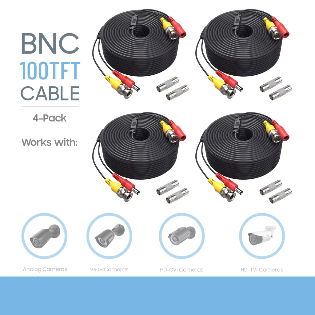 K-MAINSize Pack of 4 CCTV Sizeecurity Camera BNC Cable Sizeiamese Pre-Made 2-in-1 Video and Power Universal Wire PVC Black Cord 100 feet