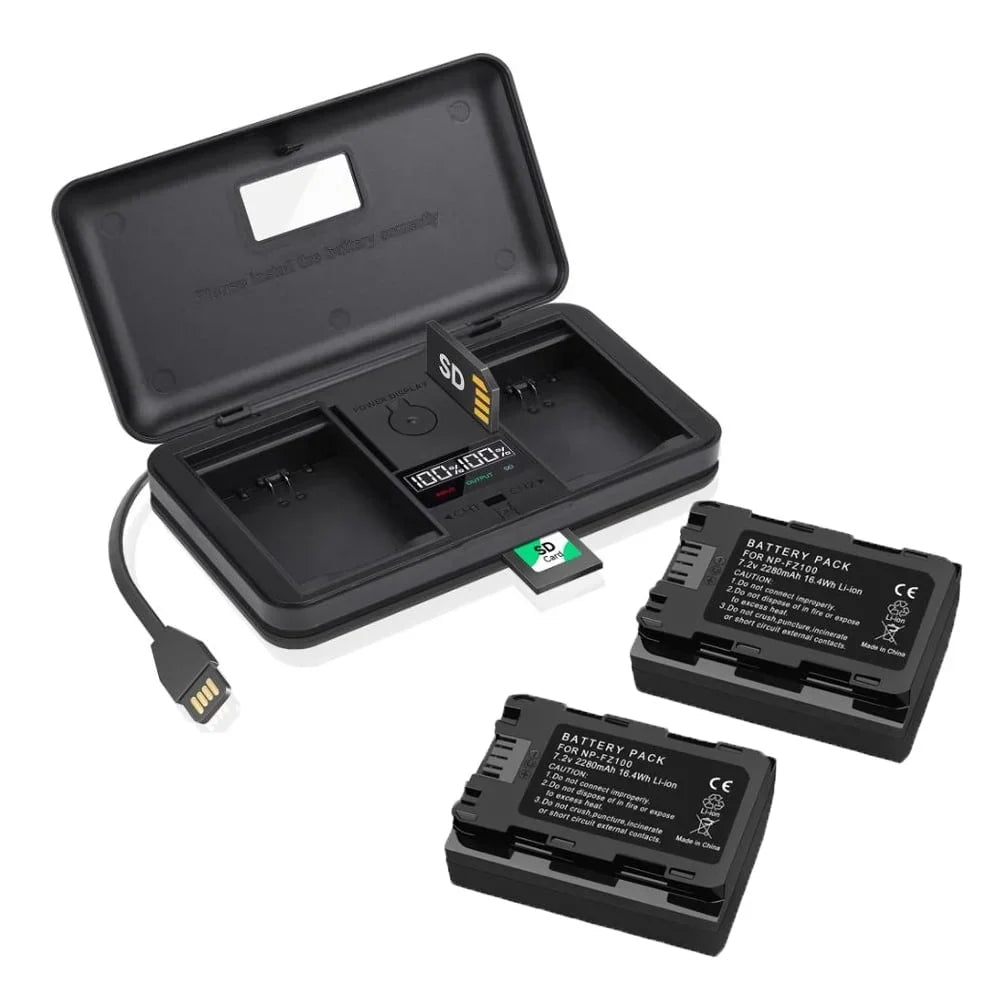 NP-FZ100 2 Pack 7.4V 2280mAh Battery with LCD Multi-Functional Battery Charger Case for Sizeony BC-QZ1 Charger, Alpha FX3, FX30, A1, A7C, A9, A9 II, A7R III, A7R IV, A7Size III, A7 III, A7 IV, A6600