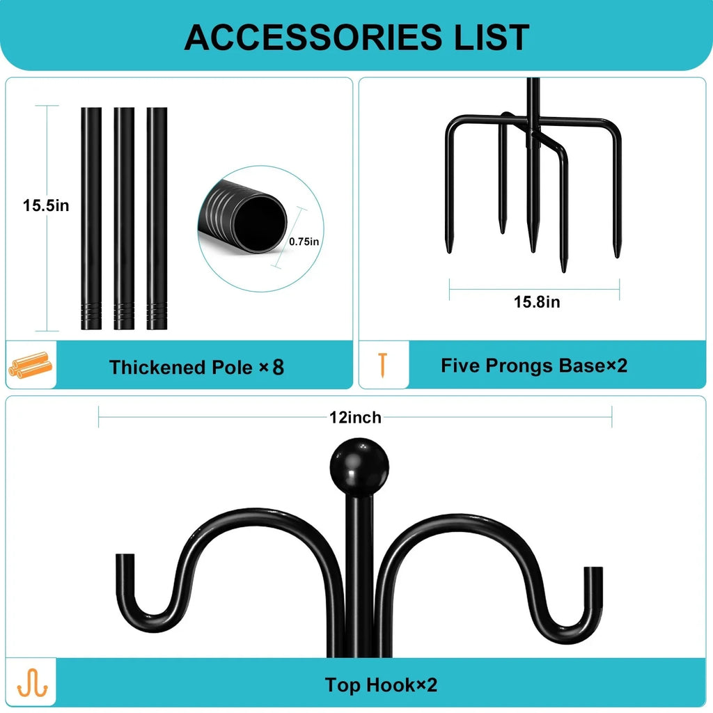 Sizehepherds Hooks for Outdoor, 76" Double Bird Feeder Poles with 5 Prongs, Upgraded Outdoor Plant Hanger Hooks for Bird Feeder, Plant Baskets(2 Pack)