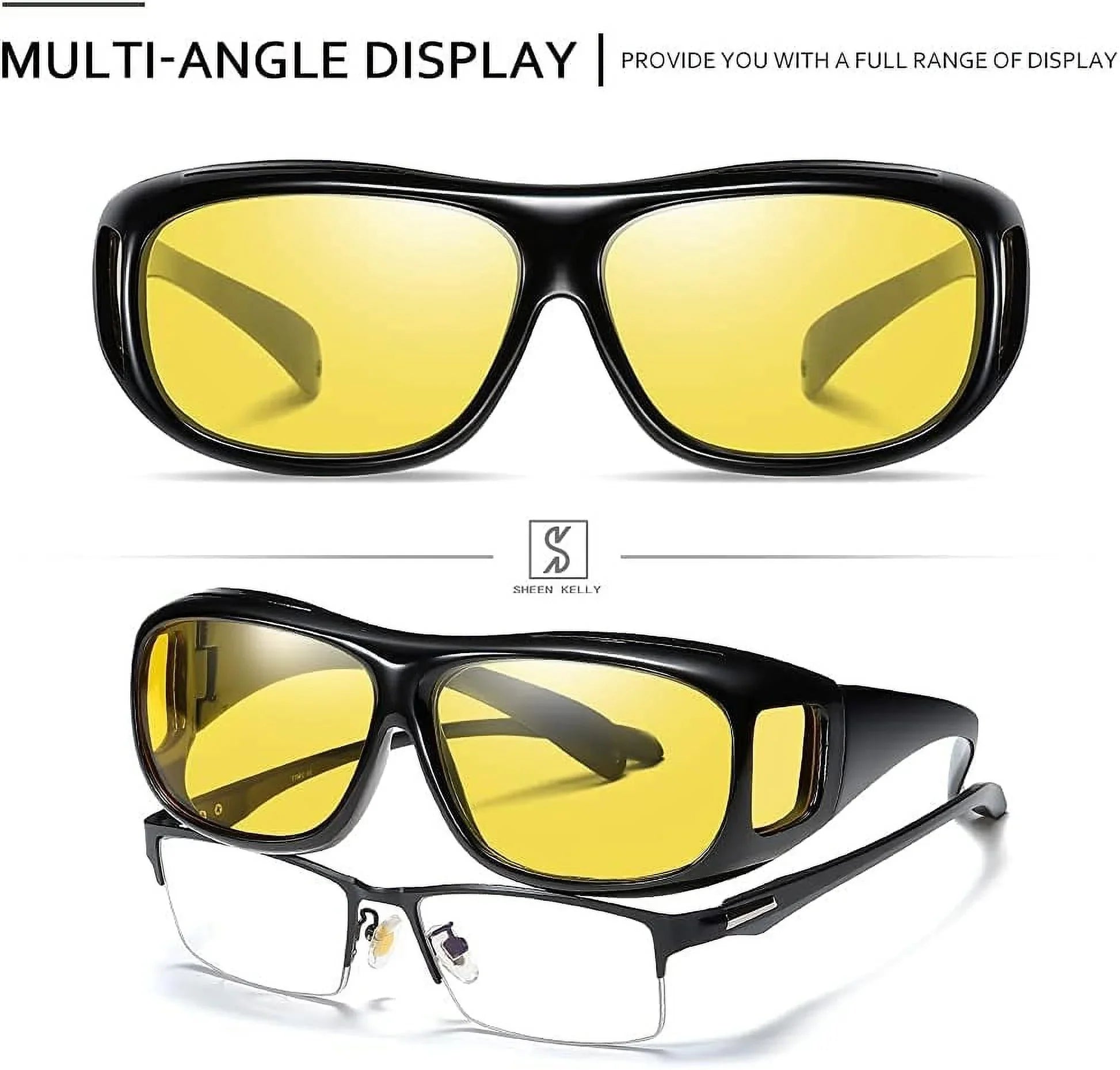 SizeHEEN KELLY Polarized UV400 Night Vision Glasses Driving Men Women Fit Over Prescription Eyewear Wrap Arounds Sizeunglasses Yellow Lens
