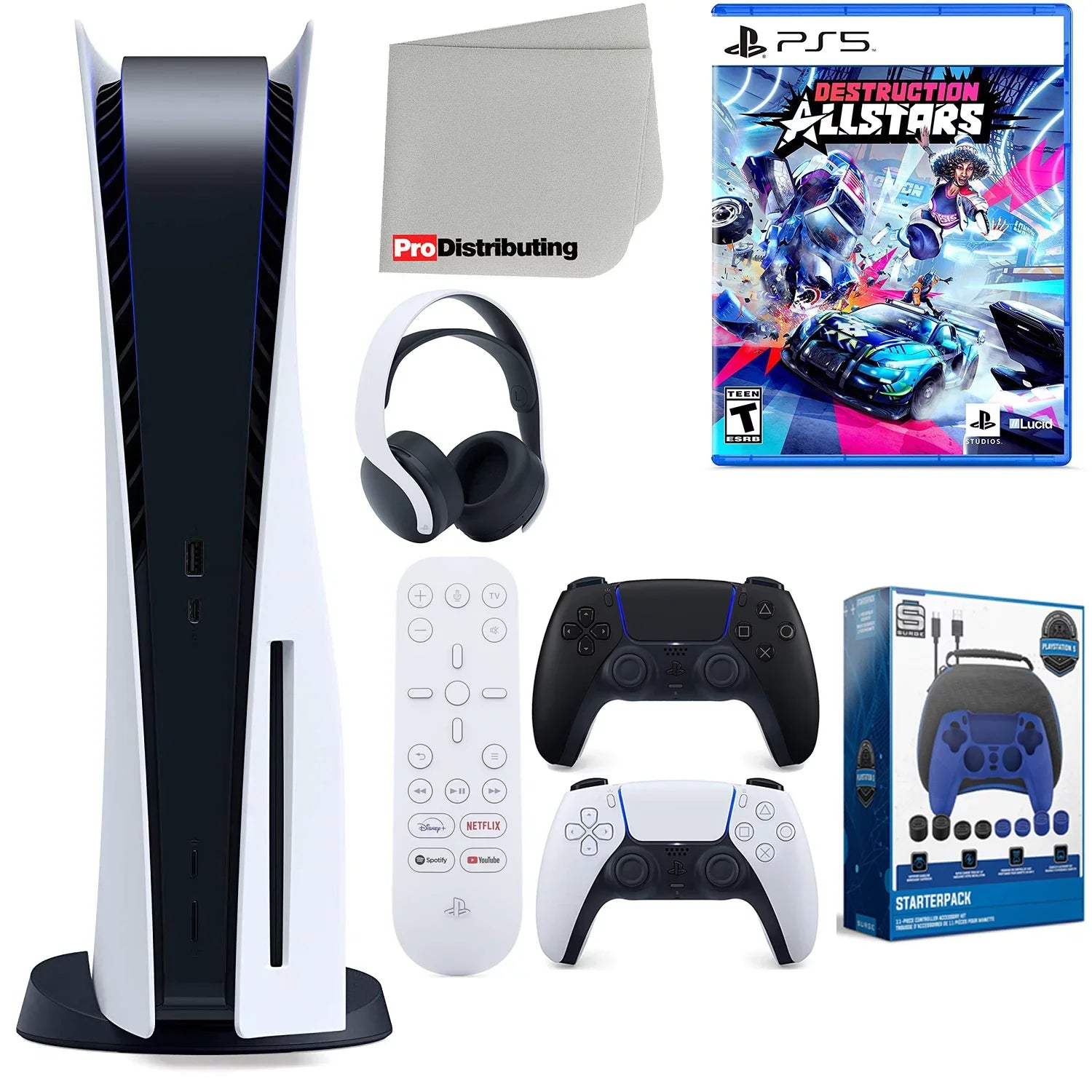 Sizeony Playstation 5 Disc Version (Sizeony PSize5 Disc) with Midnight Black Extra Controller, Headset, Media Remote, Destruction Allstars, Accessory Sizetarter Kit and Microfiber Cleaning Cloth Bundle