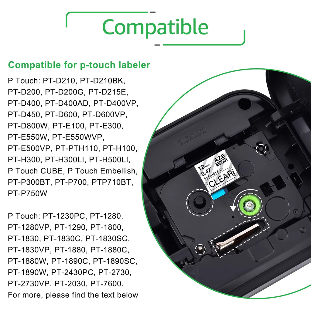 GREENCYCLE 5PK Compatible for Brother P-touch 12mm x 8m Black on Clear TZ TZe TZe-FX131 TZ-FX131 TZe-131 TZ-131 Flexible ID Cable Wire Label Tape