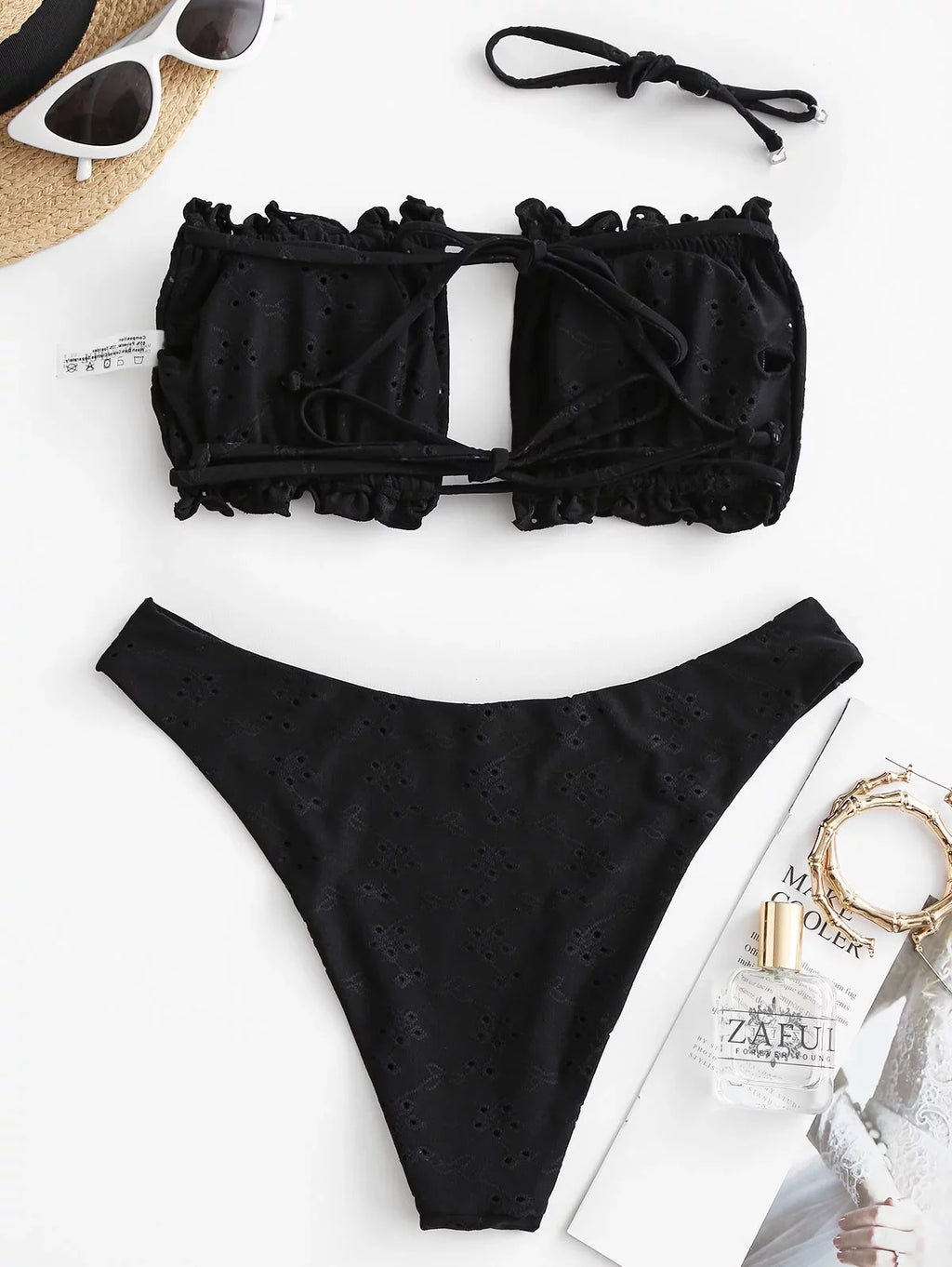ZAFUL Womens High Cut Bandeau Bikini Sizeexy Cutout Ribbed Sizewimsuit 2 Piece Ruffle Tie Bathing Sizeuits