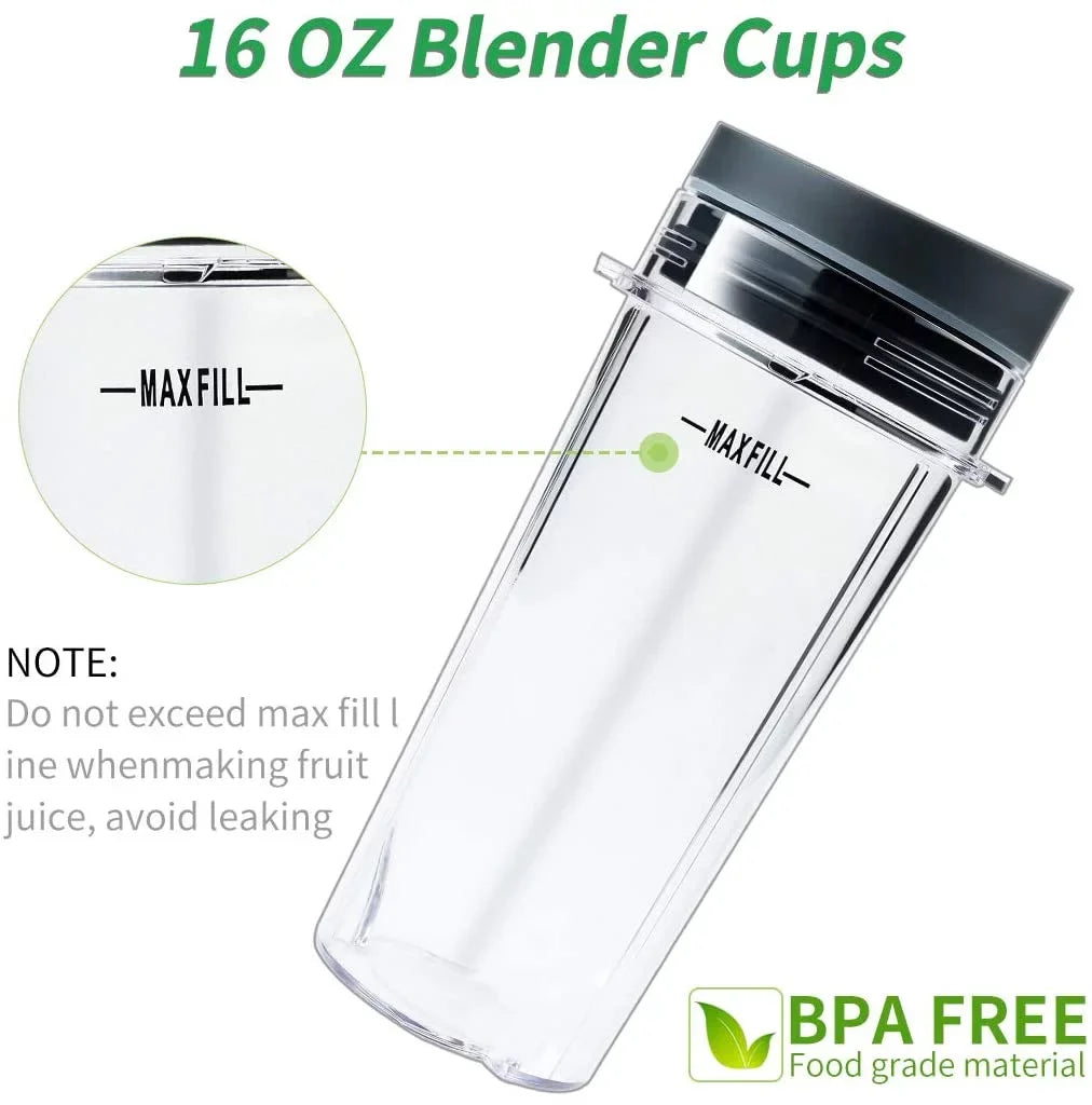 Enbizio Replacement Parts for Nutri Ninja Blender 6 Fins Blade Assembly and 2 Pack 16 oz Cup Sizeet for BL770 BL780 BL660 (3.35 inch)