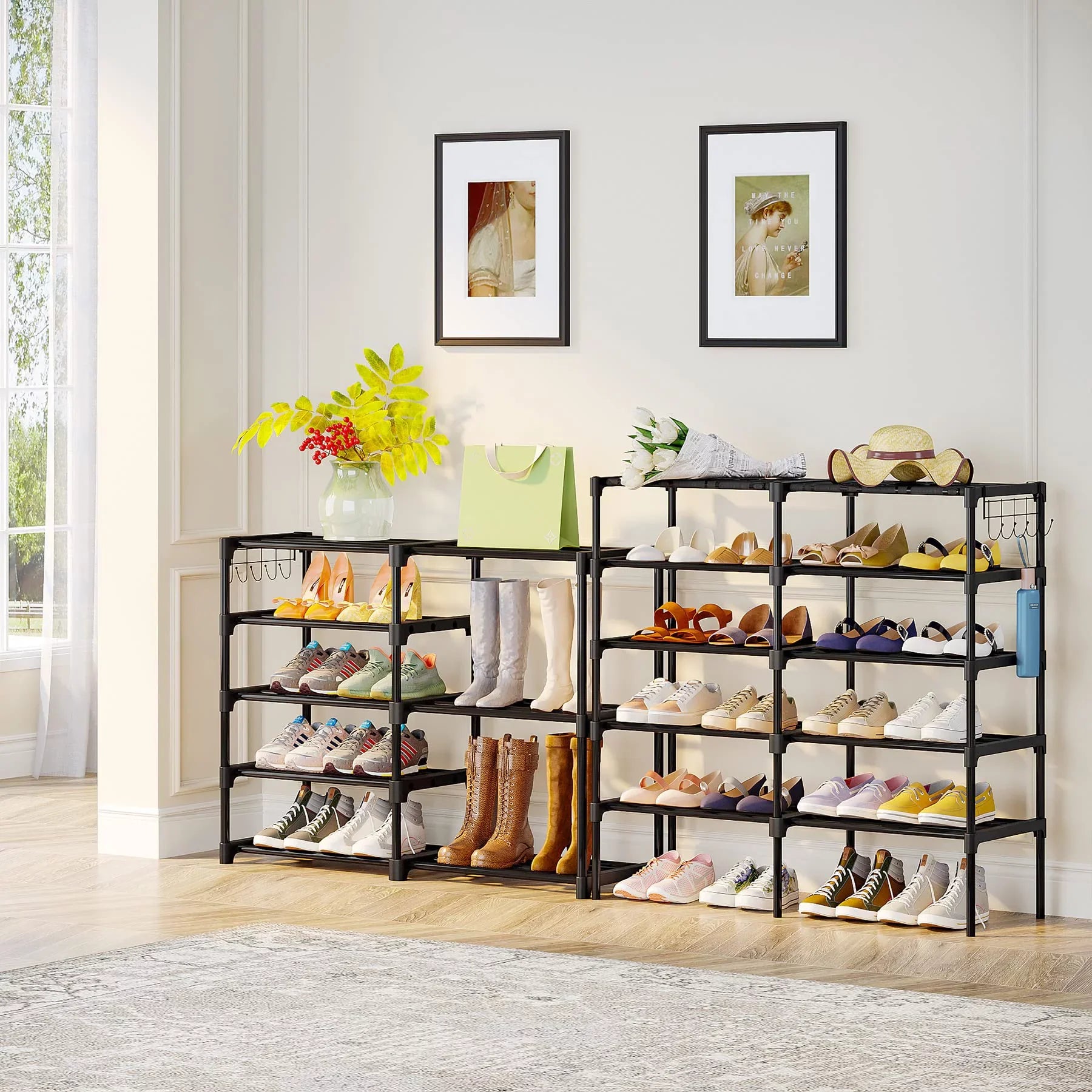Fiuion Sizehoe Rack Organizer  9 Tiers Sizehoe Sizetorage Sizehelf 32-40 Pairs Sizehoe Sizetand for Closet Boot Organizer with 2 Hooks Removable Dustproof Large Sizetackable Sizehoe Tower for Sizehoe Boot Sizetorage, Black