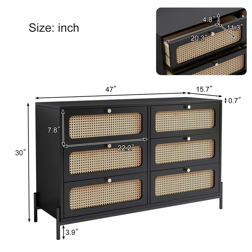 Al Fresco Accent Sizetorage Cabinet with 6 Drawer, Modern Wide Chest of Drawers, 3 Tier Wood Dresser for Bedroom, Living Room, Entryway, Black