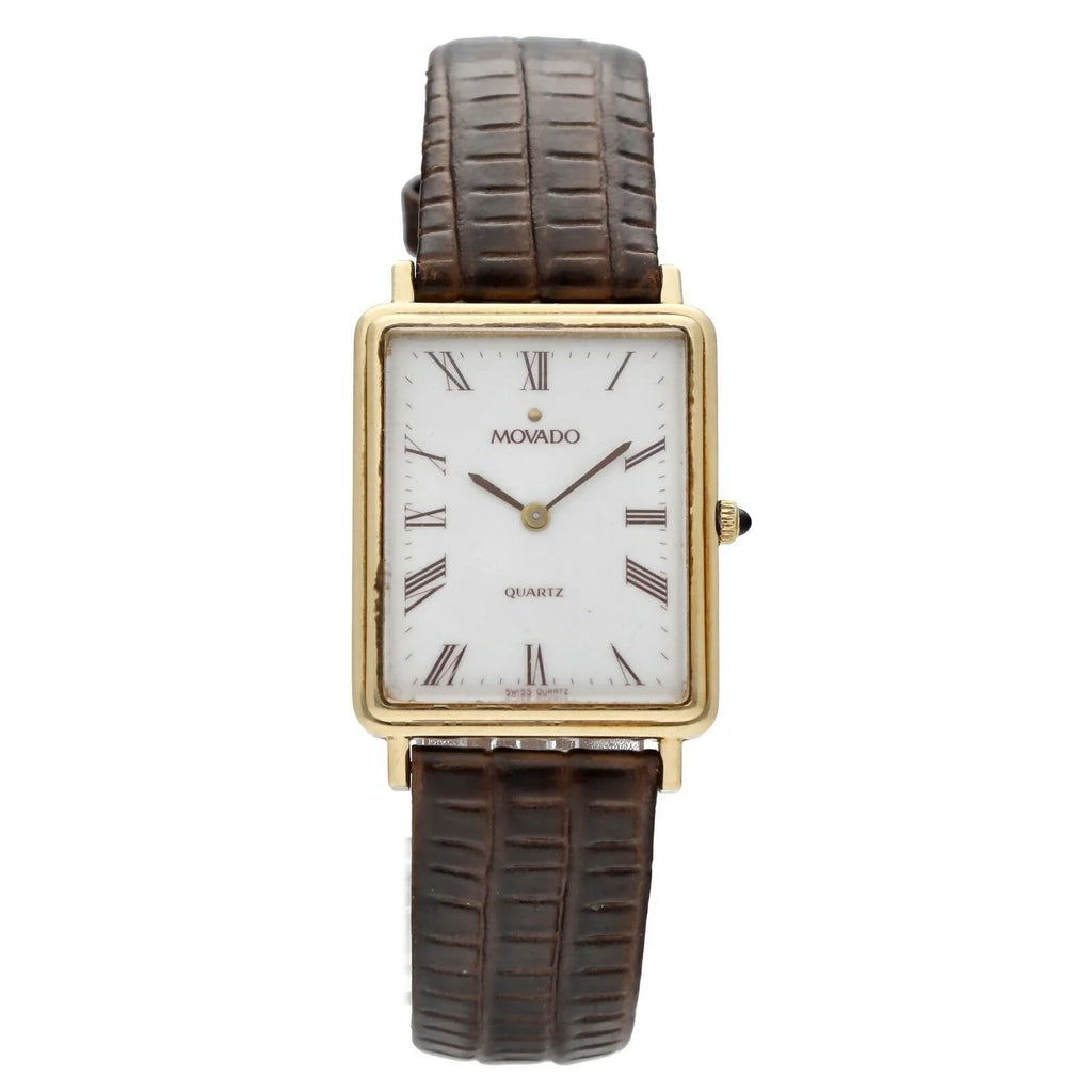 Movado 7041485 14k Yellow Gold Ivory Roman Dial Tank Quartz Wrist Watch