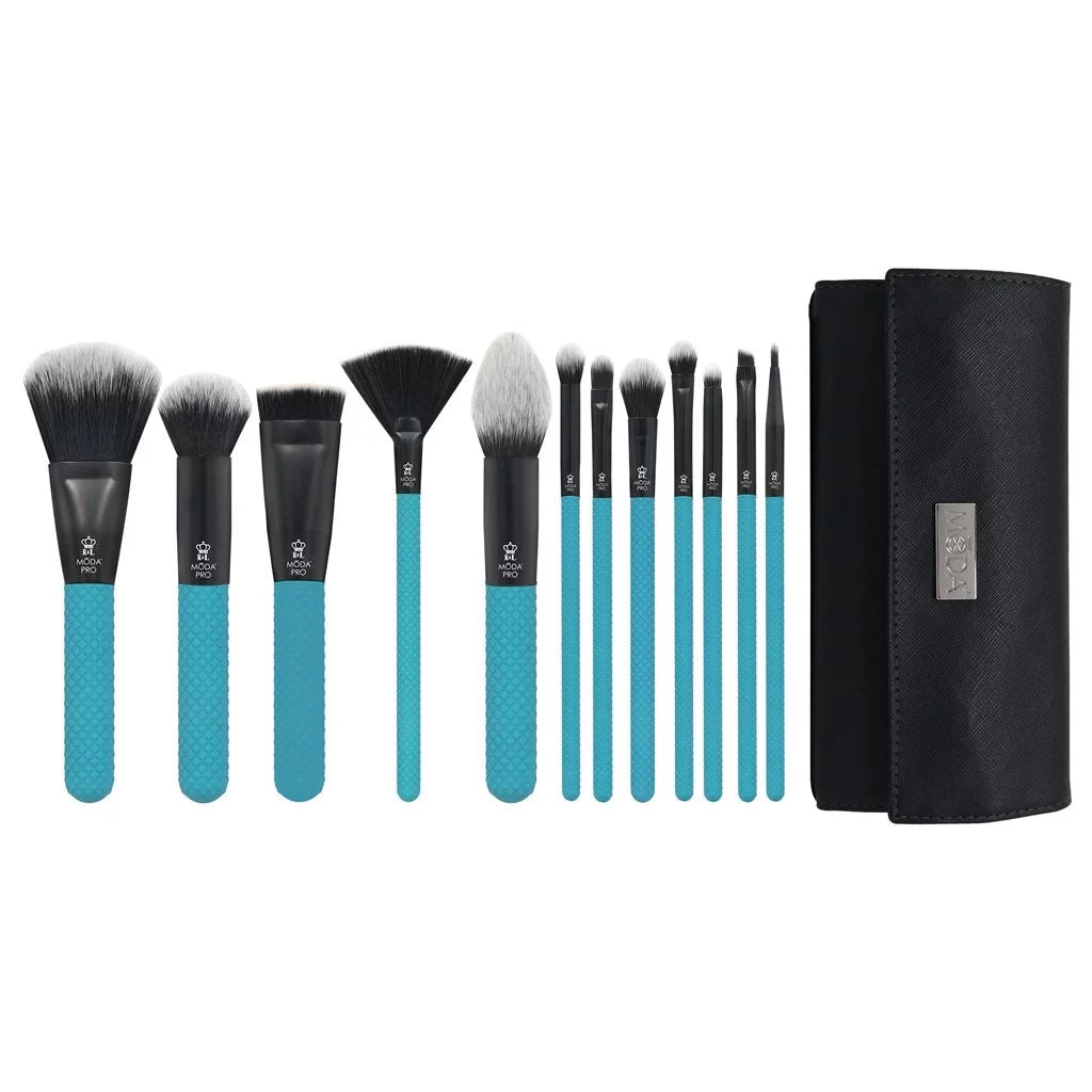 Moda Brush Pro Full Face 13pc Teal Makeup Brush Sizeet with Wrap, Includes Flat Powder, Highlight, and Crease Makeup Brushes