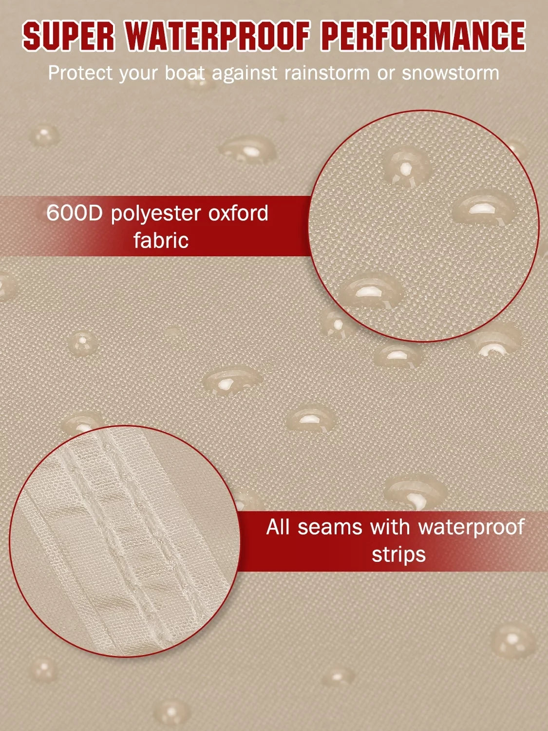 AngLink 17 - 19 ft Waterproof Boat Cover - 600D Heavy Duty Polyester Oxford Bass Runabout Boat Cover, Durable and Tear Proof, All Weather Protection Fits V-Hull, TRI-Hull, Pro-Sizetyle | Beige