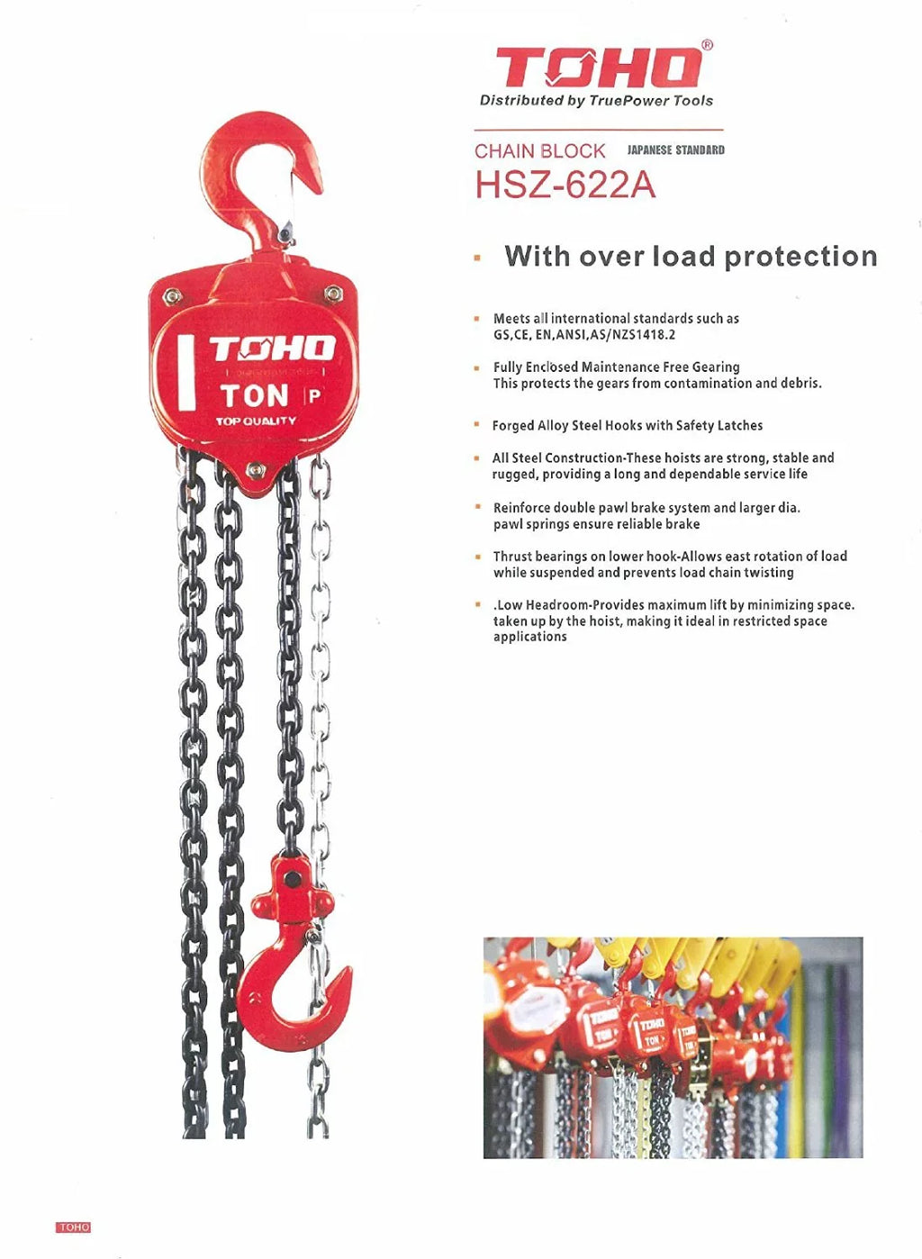 TOHO HSizeZ-622A OP Chain Block Hoist with Overload Protection (0.5 Ton, 10 Ft. Chain)
