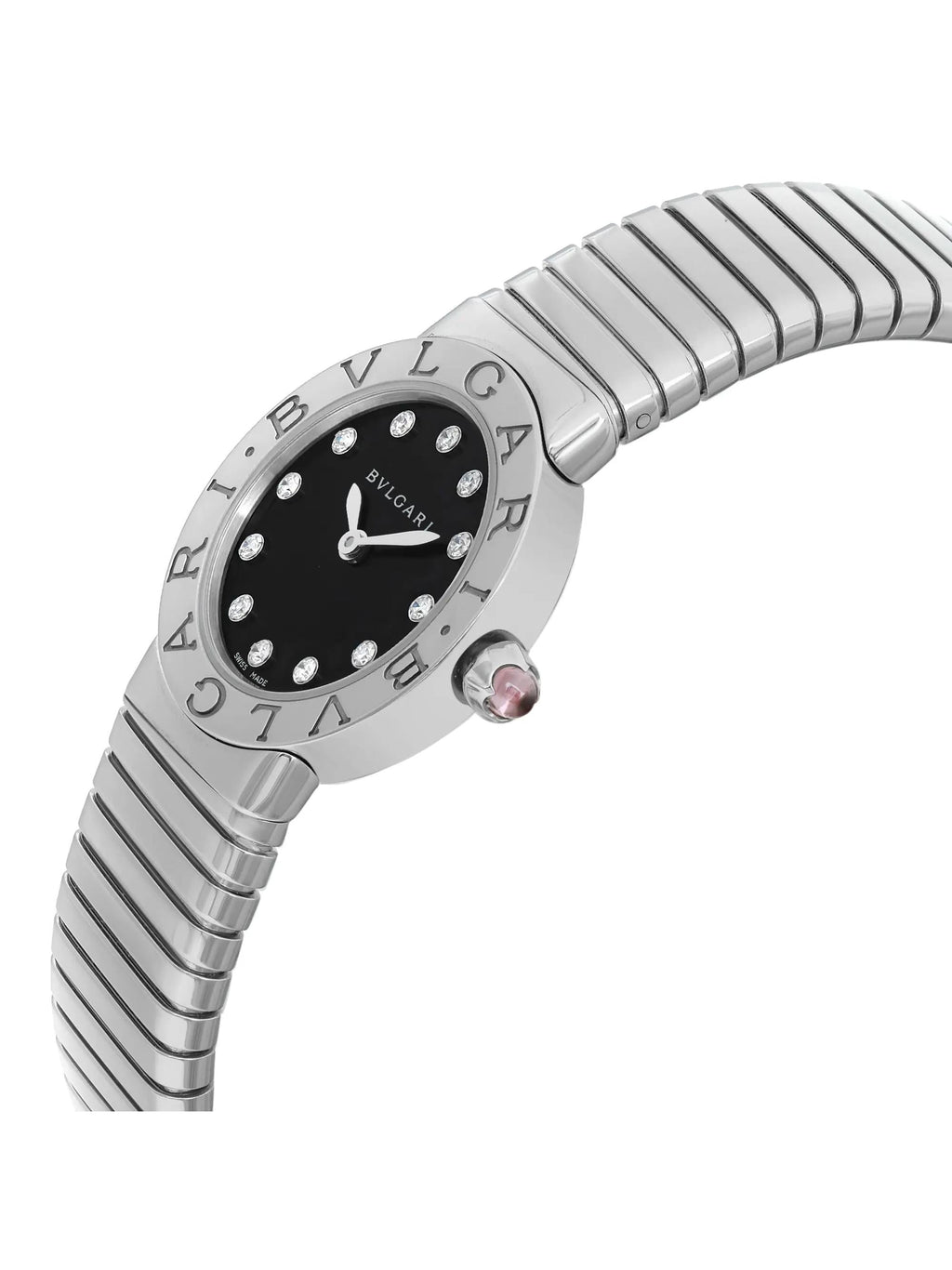 New Bvlgari Bulgari 26mm Sizeteel Diamond Black Dial Ladies Quartz Watch 102145