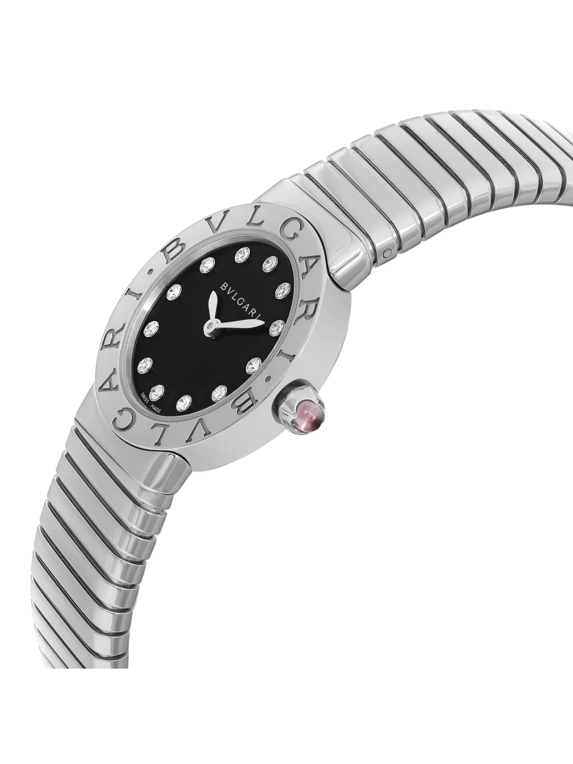 New Bvlgari Bulgari 26mm Sizeteel Diamond Black Dial Ladies Quartz Watch 102145