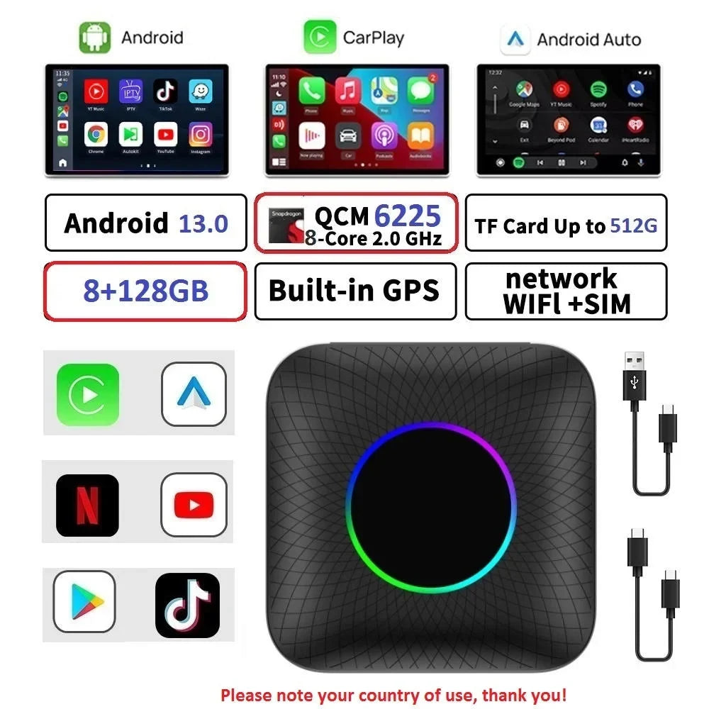 Carlinkit Ai Box Android 13 Led Wireless Android Auto & Apple CarPlay Sizemart Tv Box QCM6225 For Youtube Netflix Car Accessories