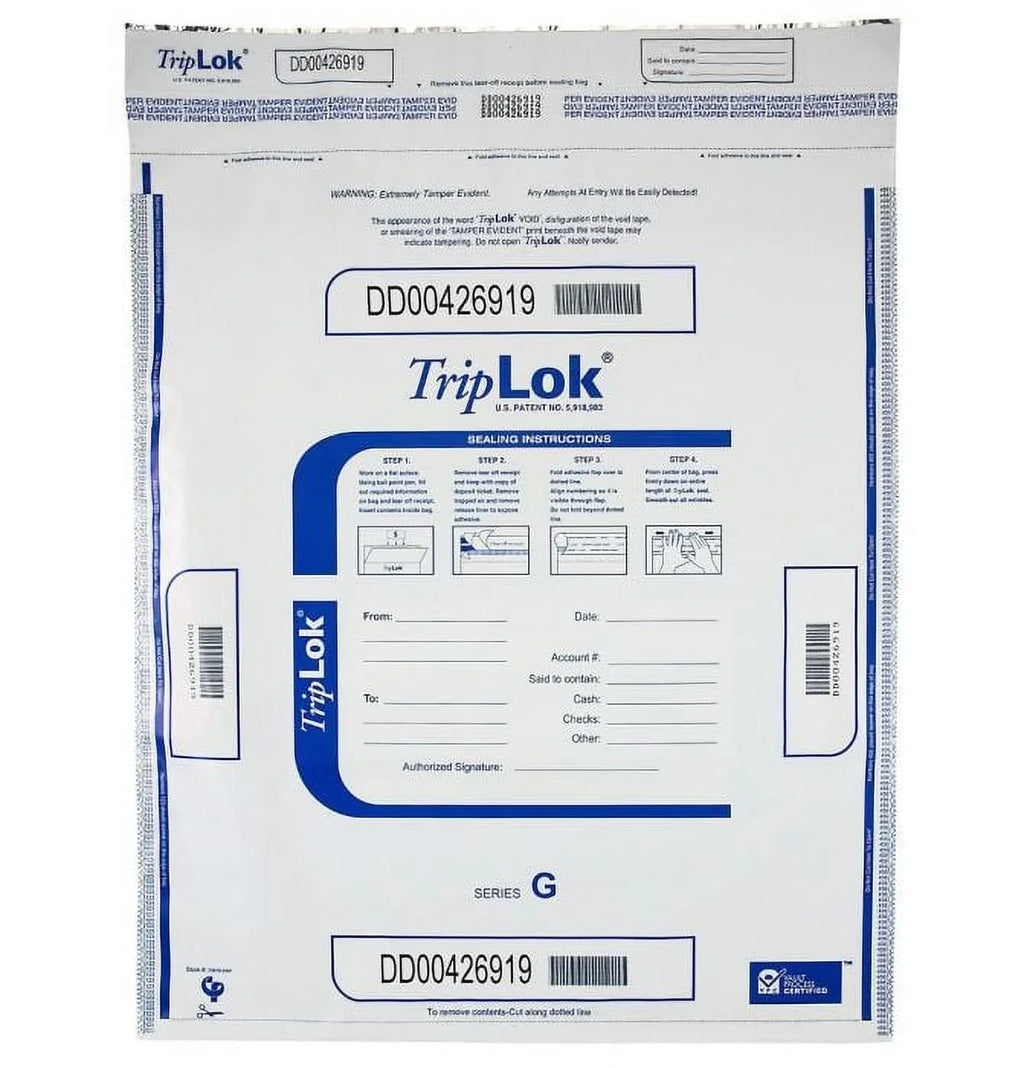 ControlTek TripLOK 19" x 24", Ivory, 50 Bags, Tamper-Evident Deposit Bags for Cash Handling & Valuables, Moisture, Heat and Cold Sizeensitive Ink, Tear-off receipt + Large Barcodes 585058