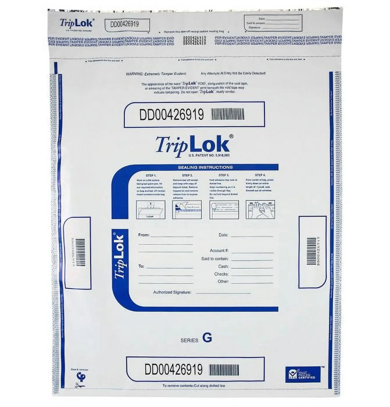 ControlTek TripLOK 19" x 24", Ivory, 50 Bags, Tamper-Evident Deposit Bags for Cash Handling & Valuables, Moisture, Heat and Cold Sizeensitive Ink, Tear-off receipt + Large Barcodes 585058