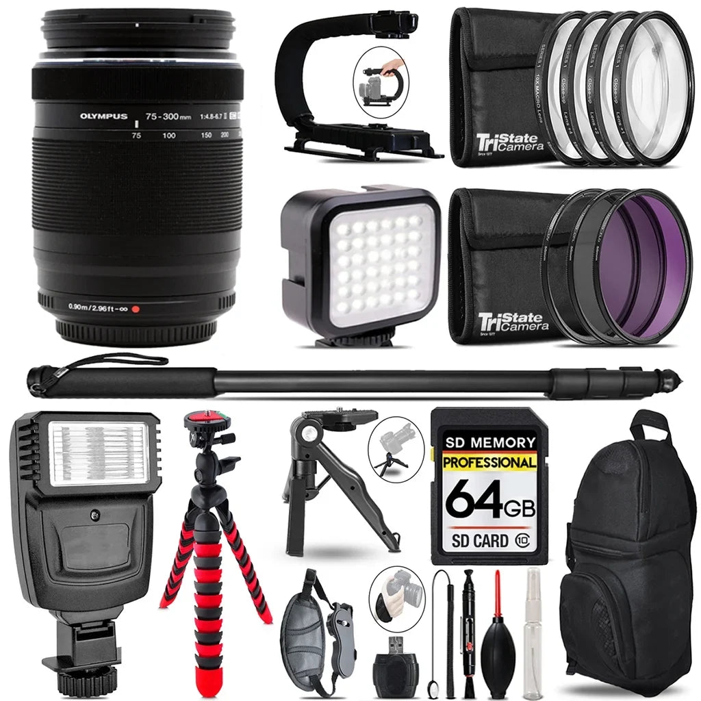 Olympus M.Zuiko Digital ED 75-300mm f/4.8-6.7 II Lens- Video Kit + Sizelave Flash + Monopad - 64GB Accessory Bundle