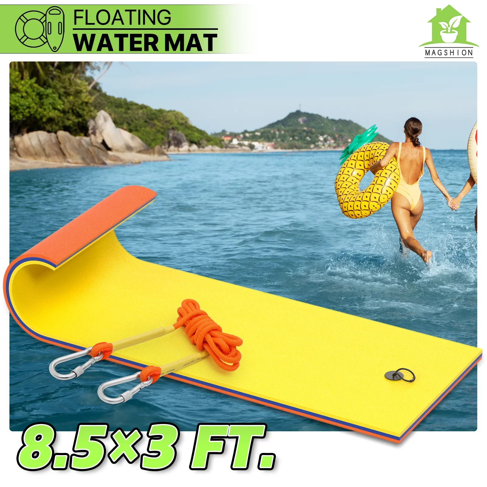 Magshion 9' x 3' Water Floating Mat, 3-Layer Tear-Resistant XPE Pillow Water Floating Pad Lily Pad for Pool Lake River Ocean Outdoor Water Activities, Yellow