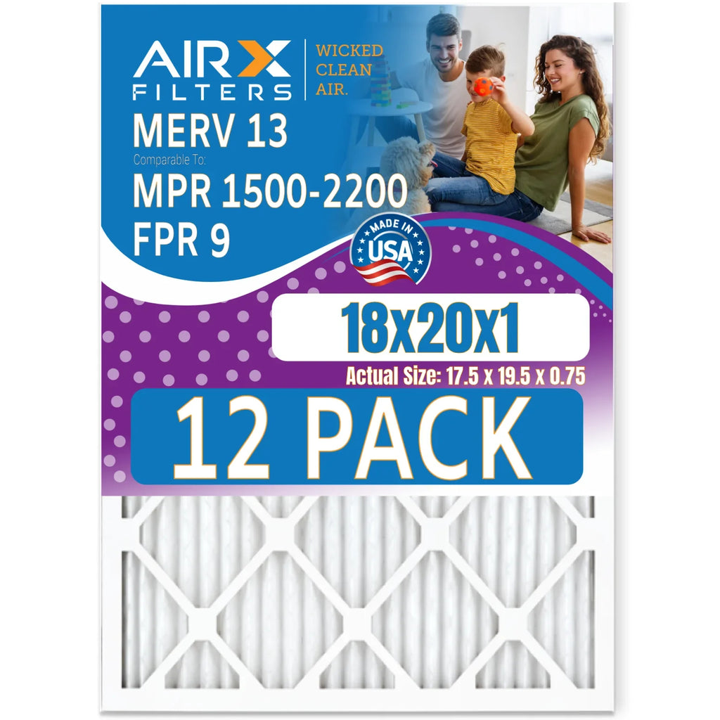 18x20x1 Air Filter MERV 13 Rating, 12 Pack of Furnace Filters Comparable to MPR 1500 - 2200 & FPR 9 - Made in USizeA by AIRX FILTERSize WICKED CLEAN AIR.