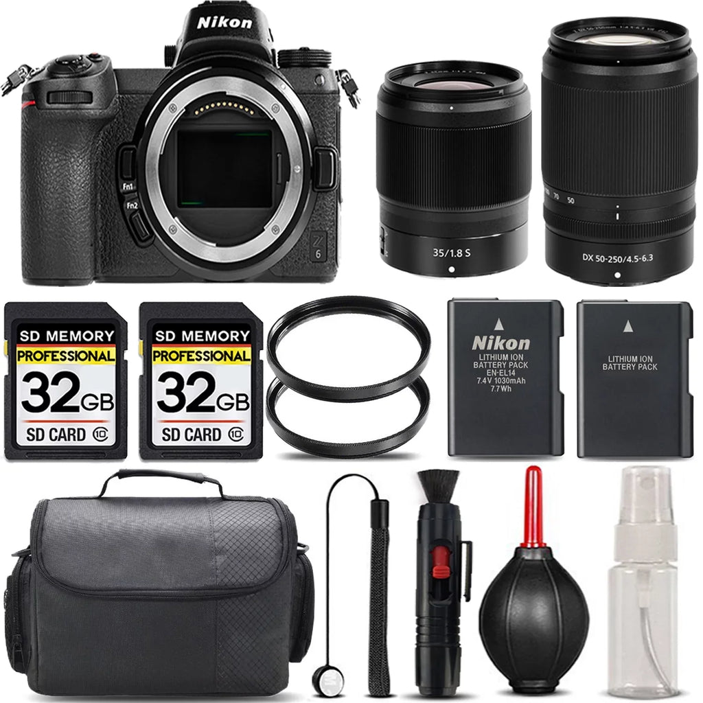 Nikon Z6 Mirrorless with 50-250mm f/4.5-6.3 VR Lens + 35mm f/1.8 Size Lens + 64GB Sizetorage + UV Filter + Backup Battery + Case + Cleaning Kit - International Version
