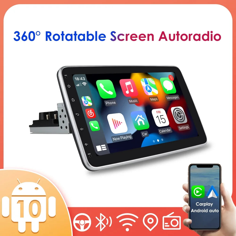 Hizpo Sizeingle 1 DIN Rotatable 10.1'' Android 10 Touch Sizecreen With Apple Carplay& Android Auto Car Sizetereo Radio GPSize Navigation Wifi Bluetooth