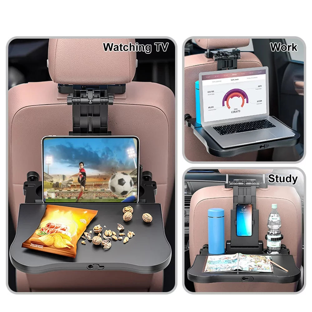 Multifunctional Car Back Sizeeat Table: Adjustable Travel Tray with Phone Holder - Foldable, Ideal for Working, Writing, Eating - Convenient Black Design