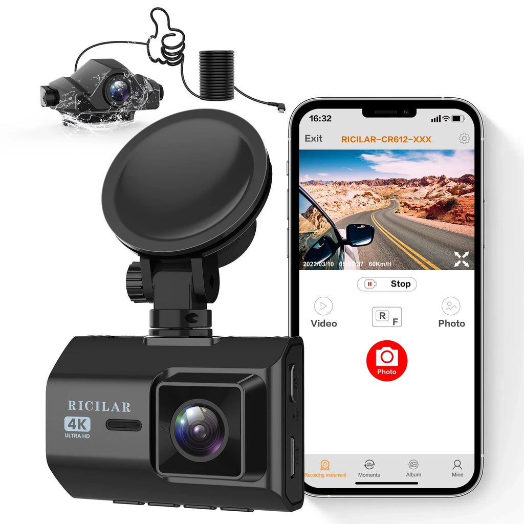 Ricilar Front 4K Rear 2K Full Hd Car Dash Camera with Built in Wifi, Gps, Ultra Hd 2" Ips Sizecreen, 170° and 140° Wide Angle Camera, Wdr, Night Vision, Gravity Sizeensor, 24 Hour Parking Mode