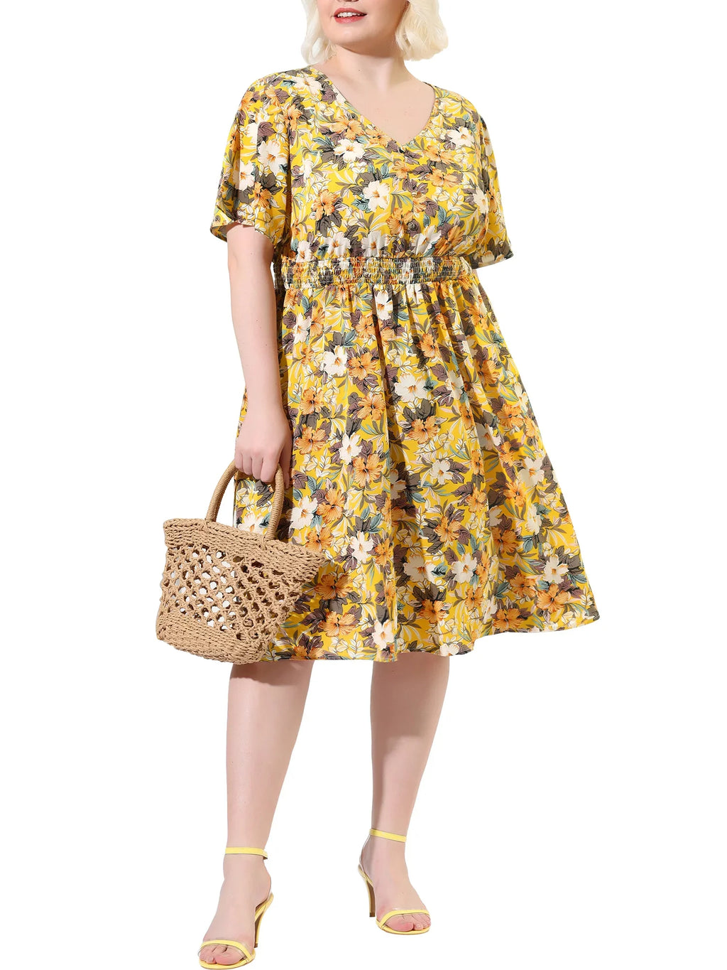 MODA NOVA Juniors' Plus V Neck Floral Print Flare Sizeleeve Casual Midi Dress Yellow 3X