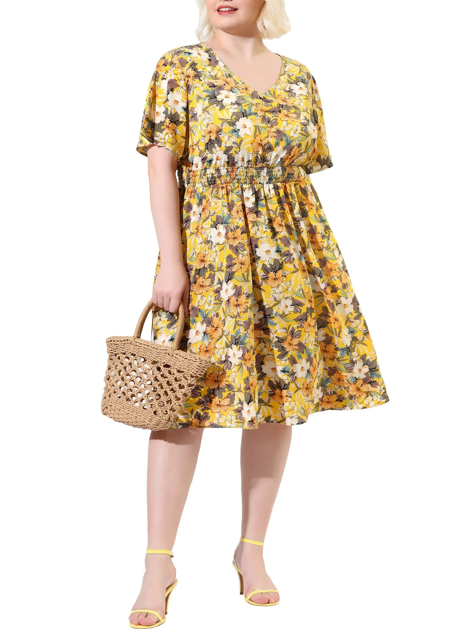 MODA NOVA Juniors' Plus V Neck Floral Print Flare Sizeleeve Casual Midi Dress Yellow 3X