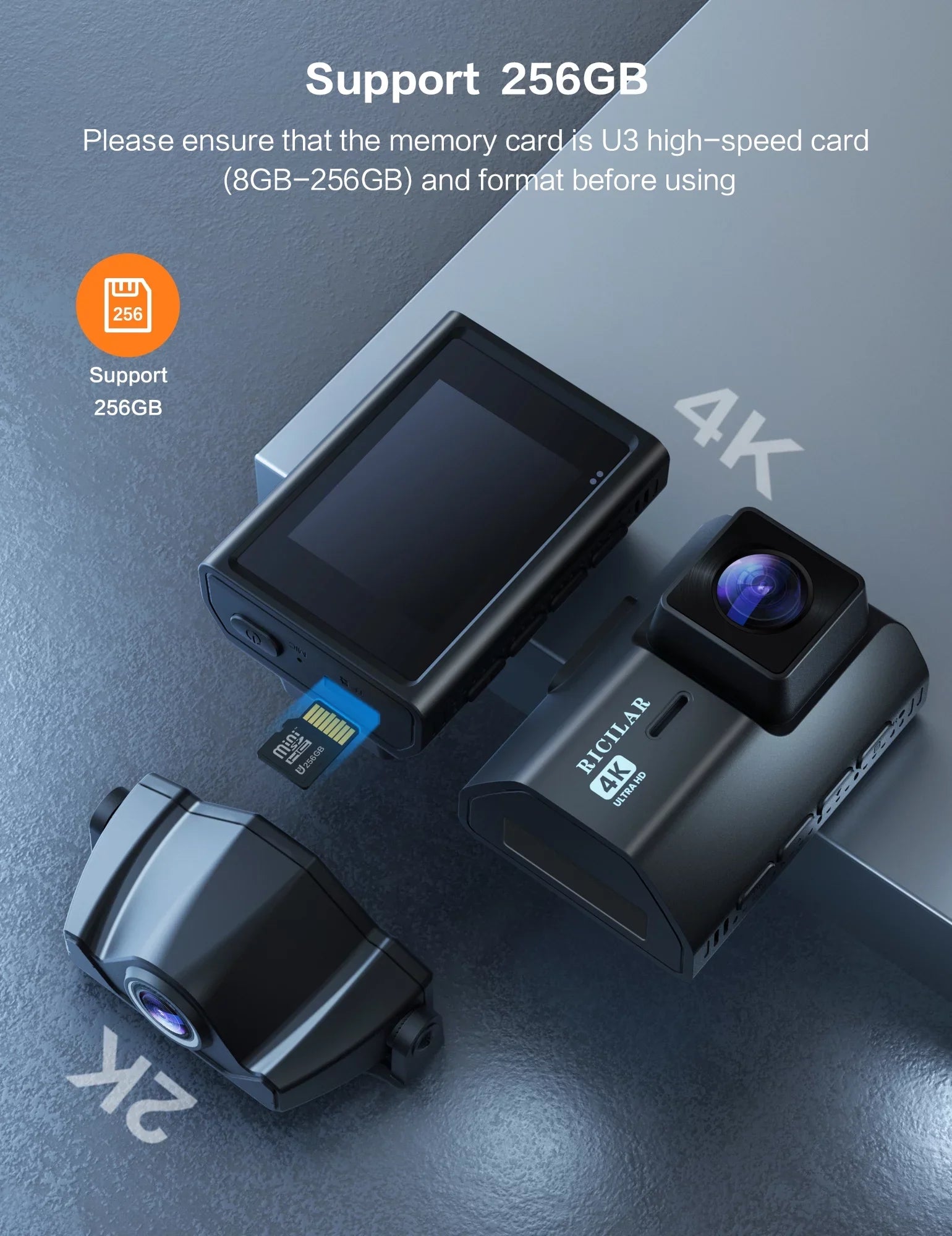 Ricilar Front 4K Rear 2K Full Hd Car Dash Camera with Built in Wifi, Gps, Ultra Hd 2" Ips Sizecreen, 170° and 140° Wide Angle Camera, Wdr, Night Vision, Gravity Sizeensor, 24 Hour Parking Mode