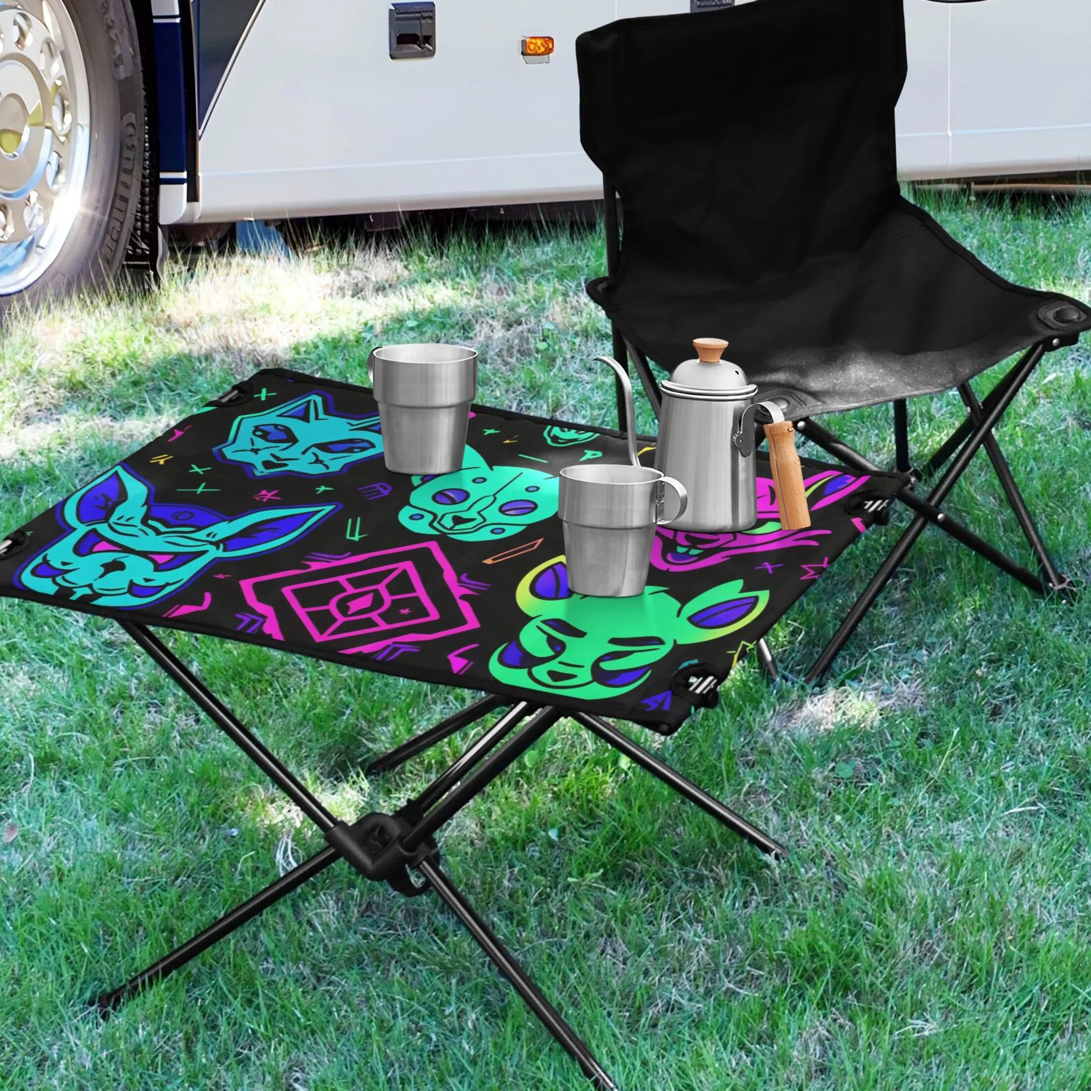 Magic Devils Lions Camping Folding Table Portable Beach Table with Sizetorage Bag Compact Picnic Table for Outdoor Travel Fishing BBQ