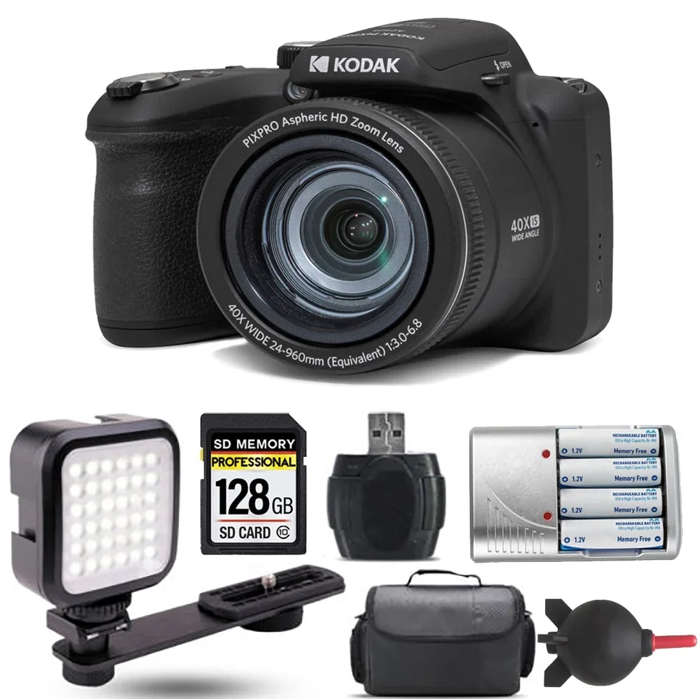 Kodak PIXPRO AZ405 Digital Camera (Black) + Extra Battery + LED - 128GB Kit