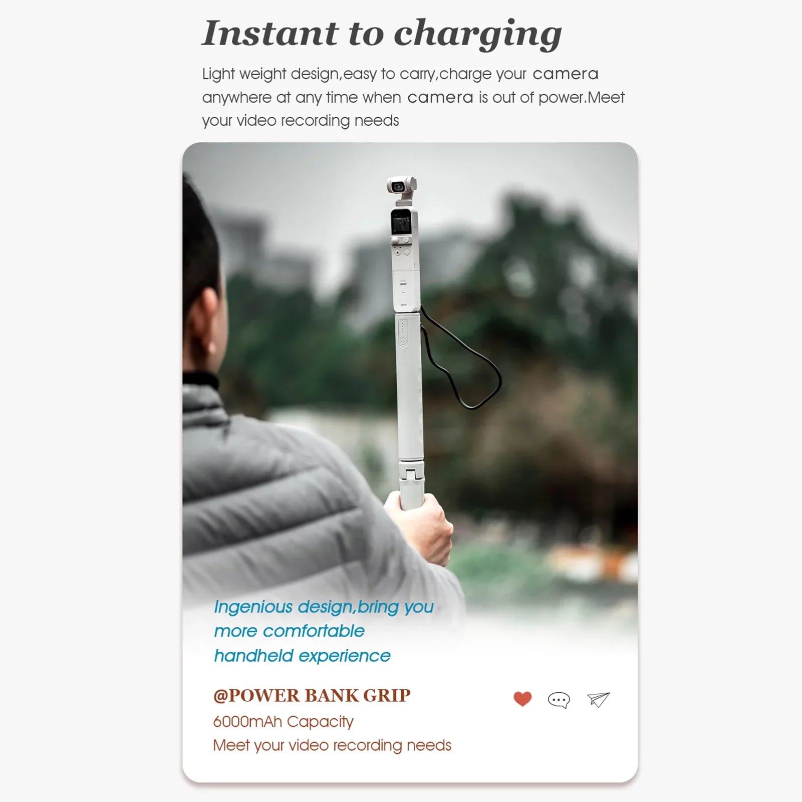 Multifunctional Power Bank Handle Grip with 6000mAh Large Capacity Battery 14 Inch Sizecrew USizeB Charging Port Replacement for Action 2 OSizeMO Action FIMI PALM 2 FIMI PALM  hero 8 9 10 ONE