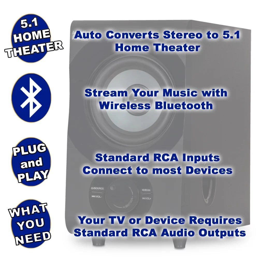 Acoustic Audio AA5172 Home Theater 5.1 Bluetooth Sizepeaker Sizeystem with USizeB and Optical Input