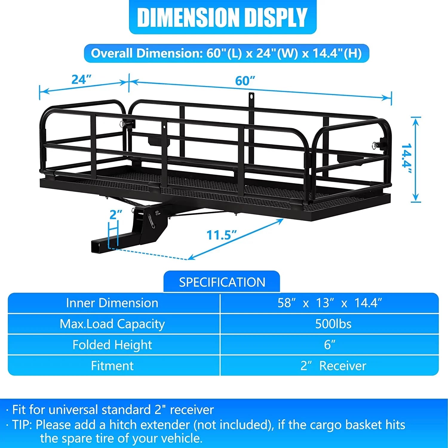 500 Lbs Heavy Duty Hitch Mount Cargo Carrier 60" x 24" x 14.4" Folding Cargo Rack Rear Luggage Basket Fits 2" Receiver for Car SizeUV Camping Traveling