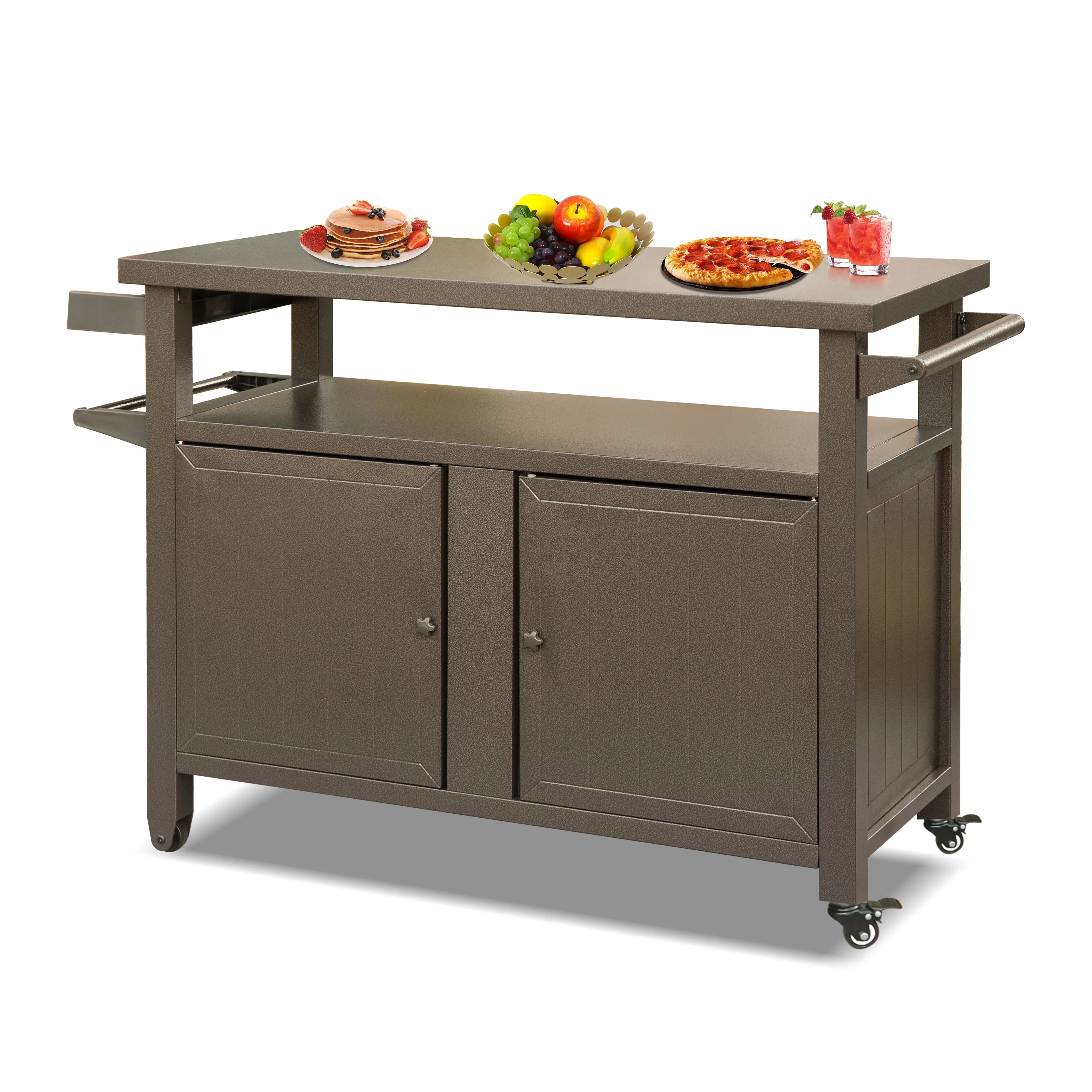 CoSizeoTower Grill Carts Outdoor Sizetorage Cabinet with Wheels, Metal Outdoor Grill Table Kitchen Dining Table Cooking Prep BBQ Table for Patio, Kitchen Island, Home Party, Bar (Brown)