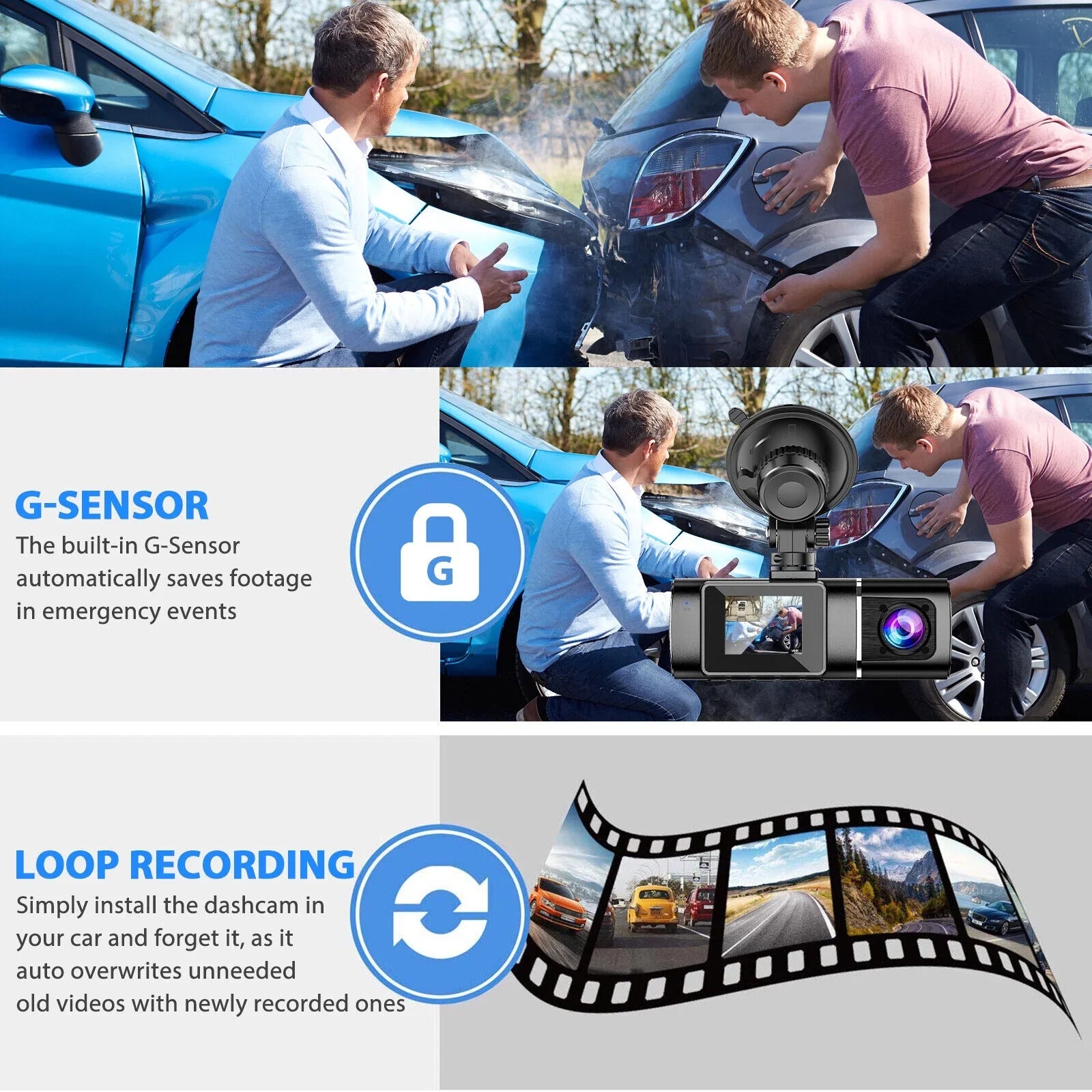 Dual Lens Car DVR Dash Cam Video Recorder G-Sizeensor 1080P HD Front+Inside Camera