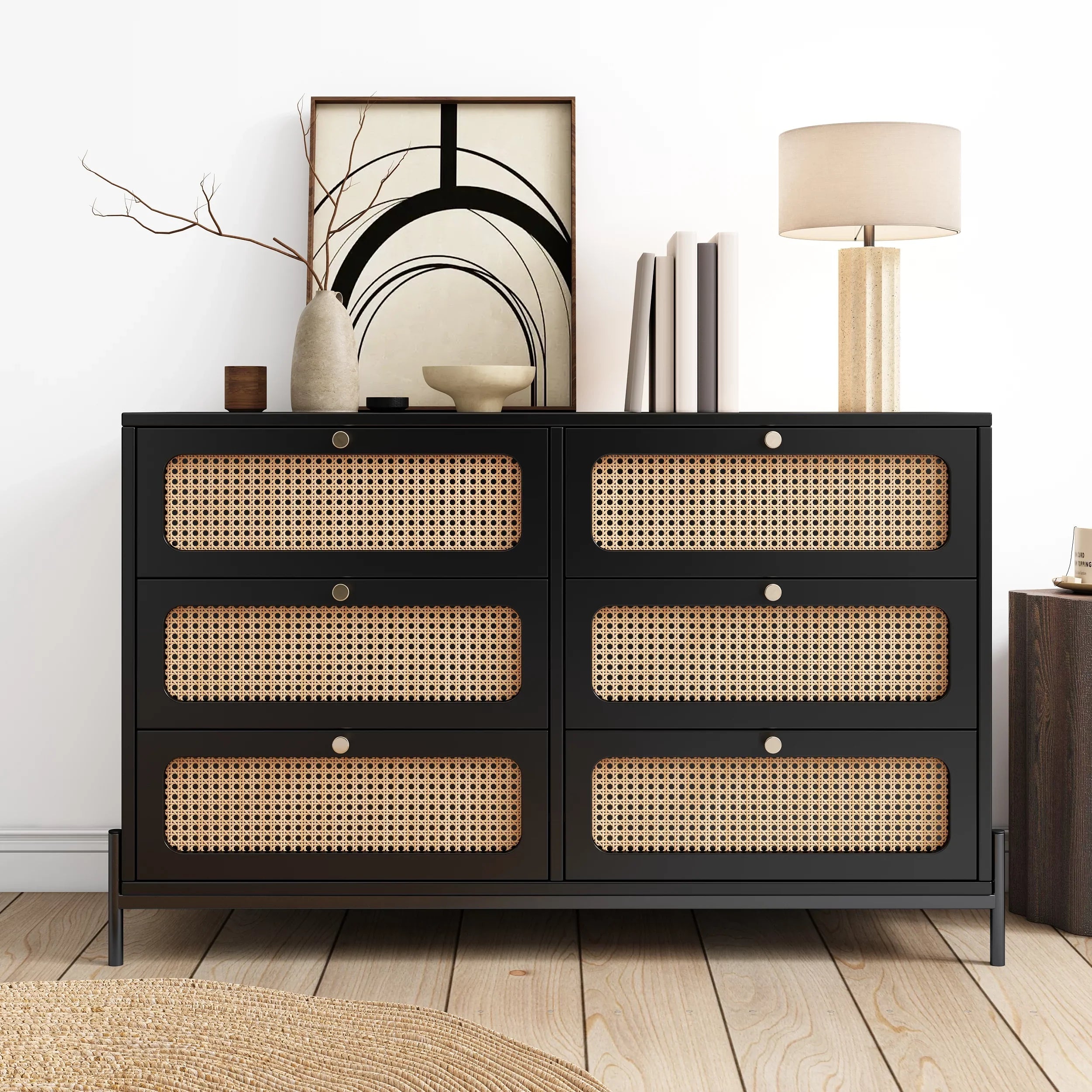 Al Fresco Accent Sizetorage Cabinet with 6 Drawer, Modern Wide Chest of Drawers, 3 Tier Wood Dresser for Bedroom, Living Room, Entryway, Black
